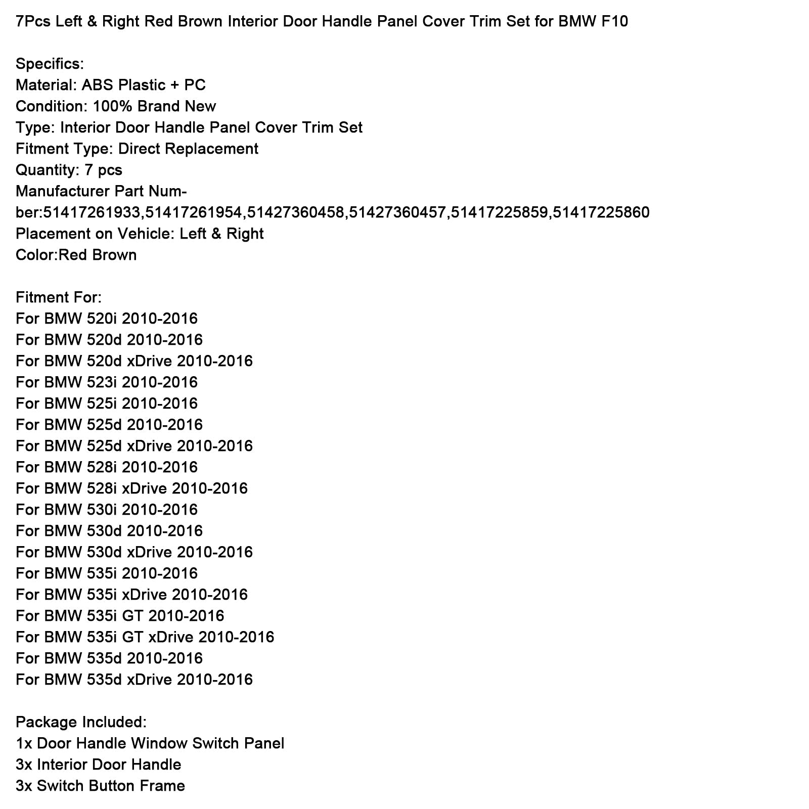 Set 7 rdečih in rjavih notranjih ročajev za BMW 5 F10 F11 10-16