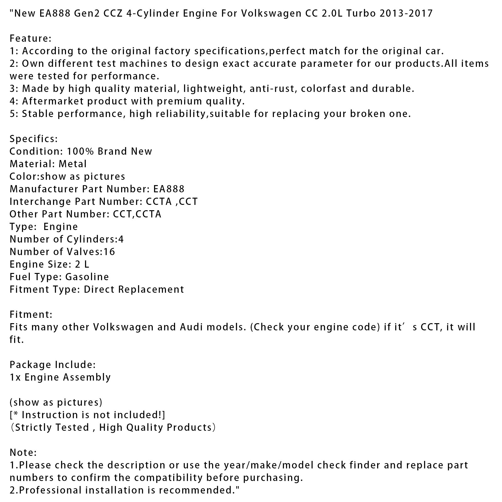 New EA888 Gen2 CCZ 4-Cylinder Engine Pour Volkswagen CC 2.0L Turbo 2013-2017