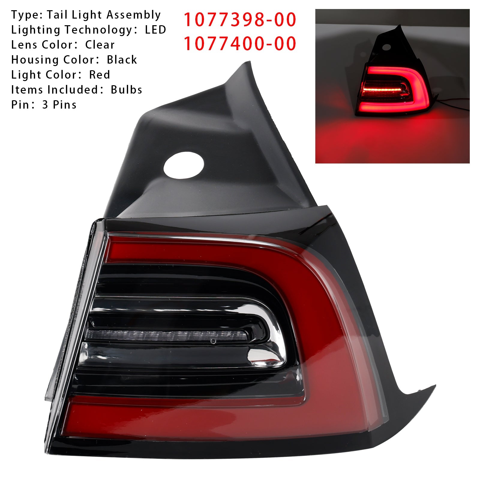 3-pinska desna zunanja LED zadnja luč za Tesla Model 3 Y 2017-2023