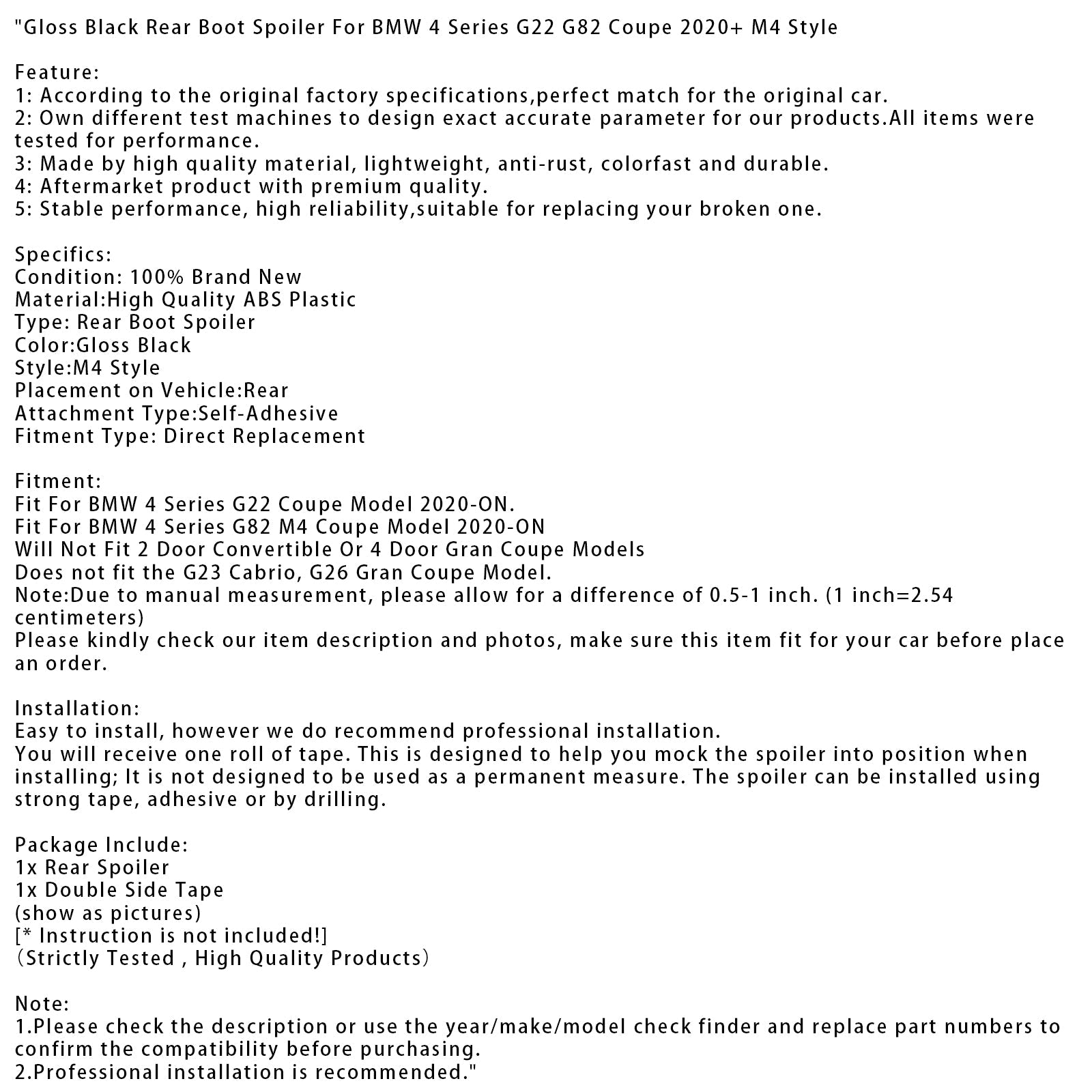 Spoiler posteriore nero lucido per BMW Serie 4 G22 G82 Coupé (dal 2020), stile M4