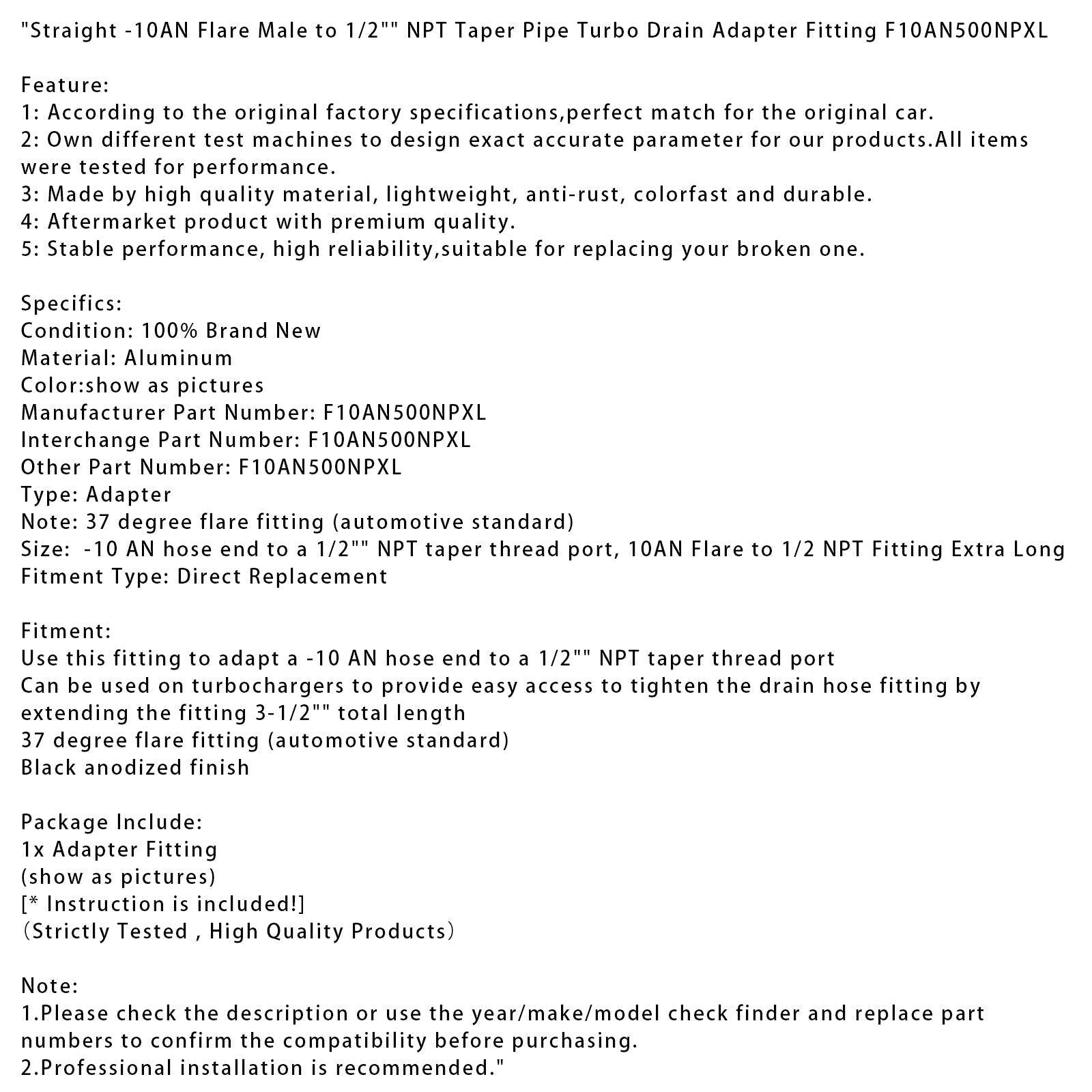 Raccord adaptateur de vidange turbo droit - 10AN Flare mâle vers 1/2"" NPT conique