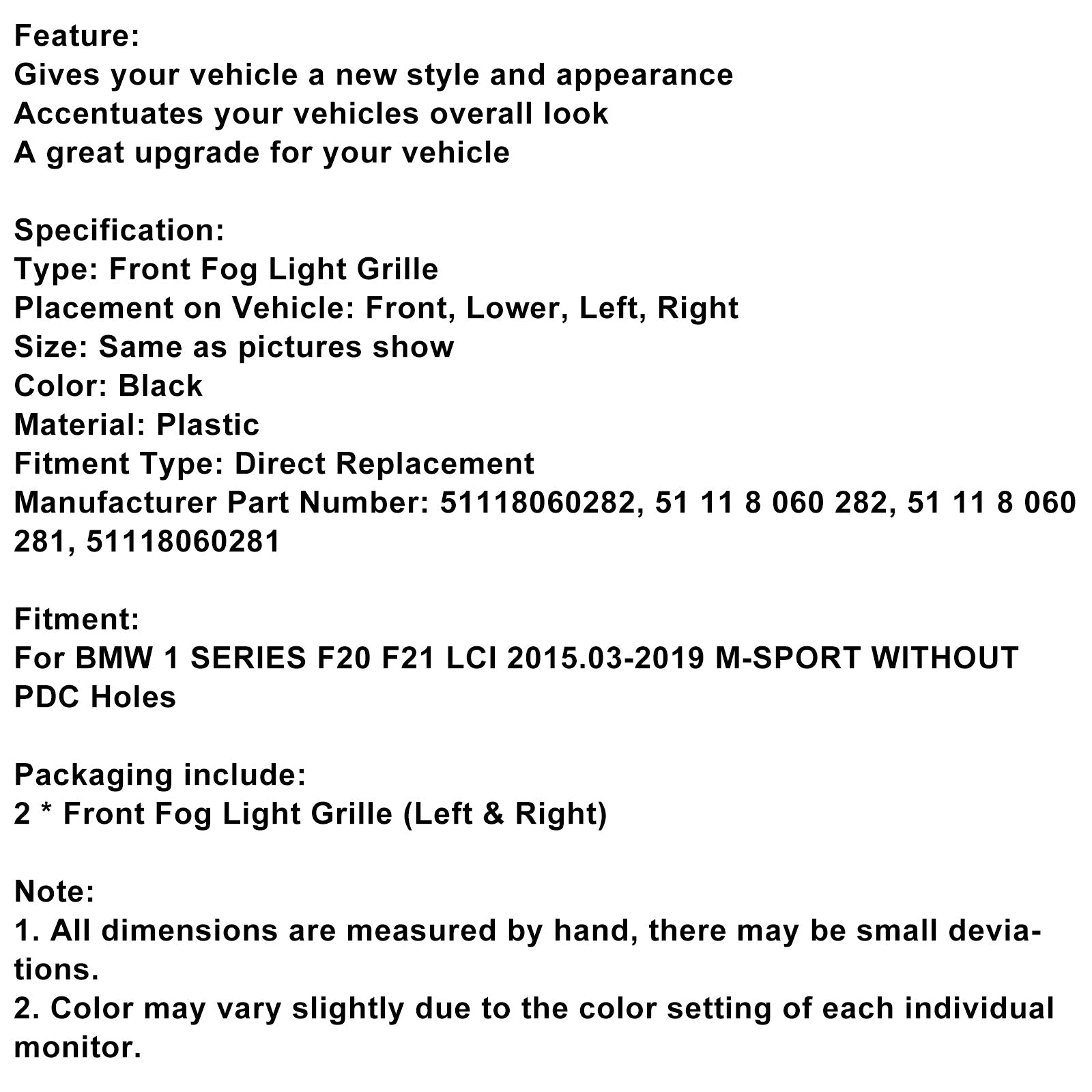 2-delige mistlichtbeschermingsraster voor BMW 1 F20 F21 LCI M-Sport 2015-2019