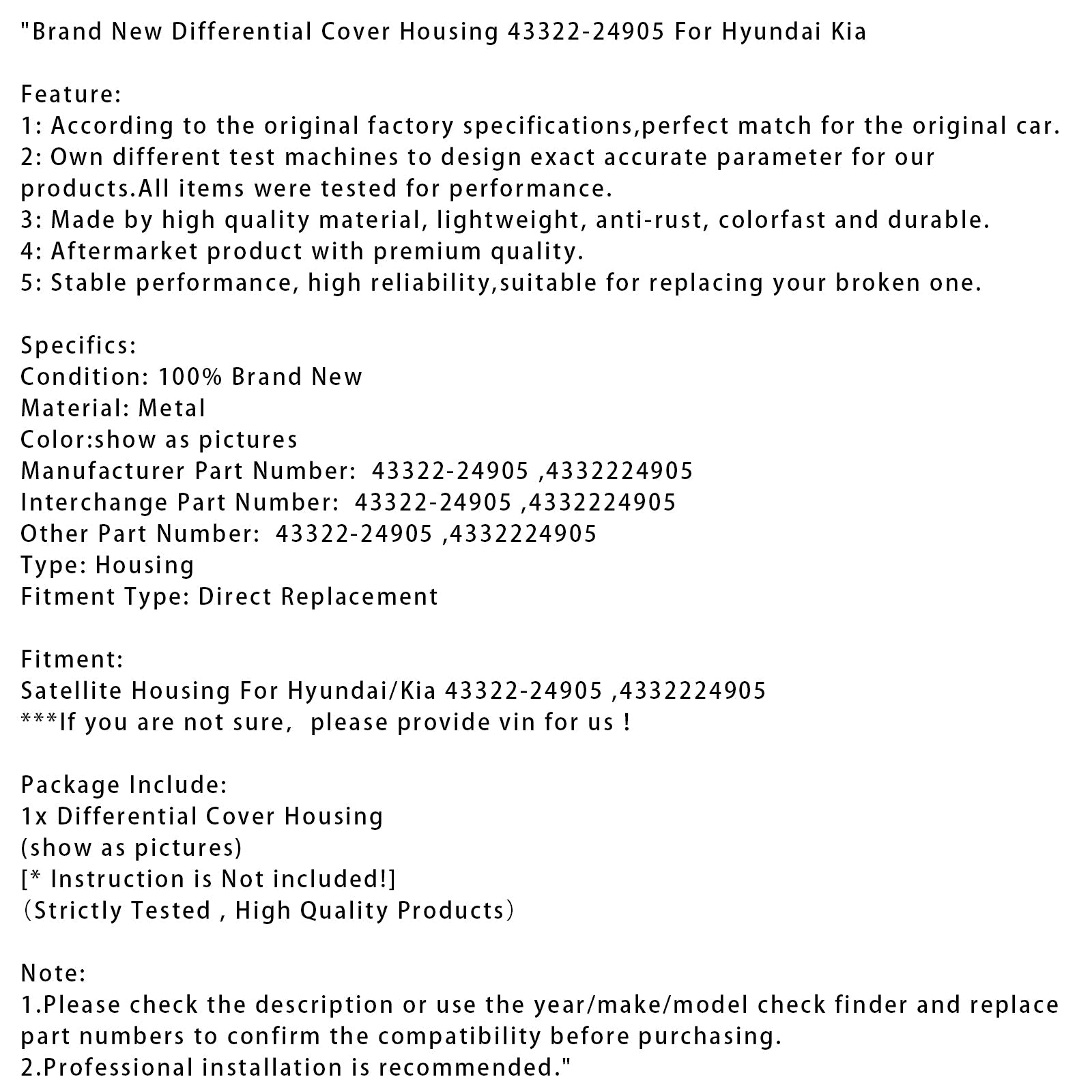 Nieuw differentieelhuis 43322-24905 voor Hyundai Kia