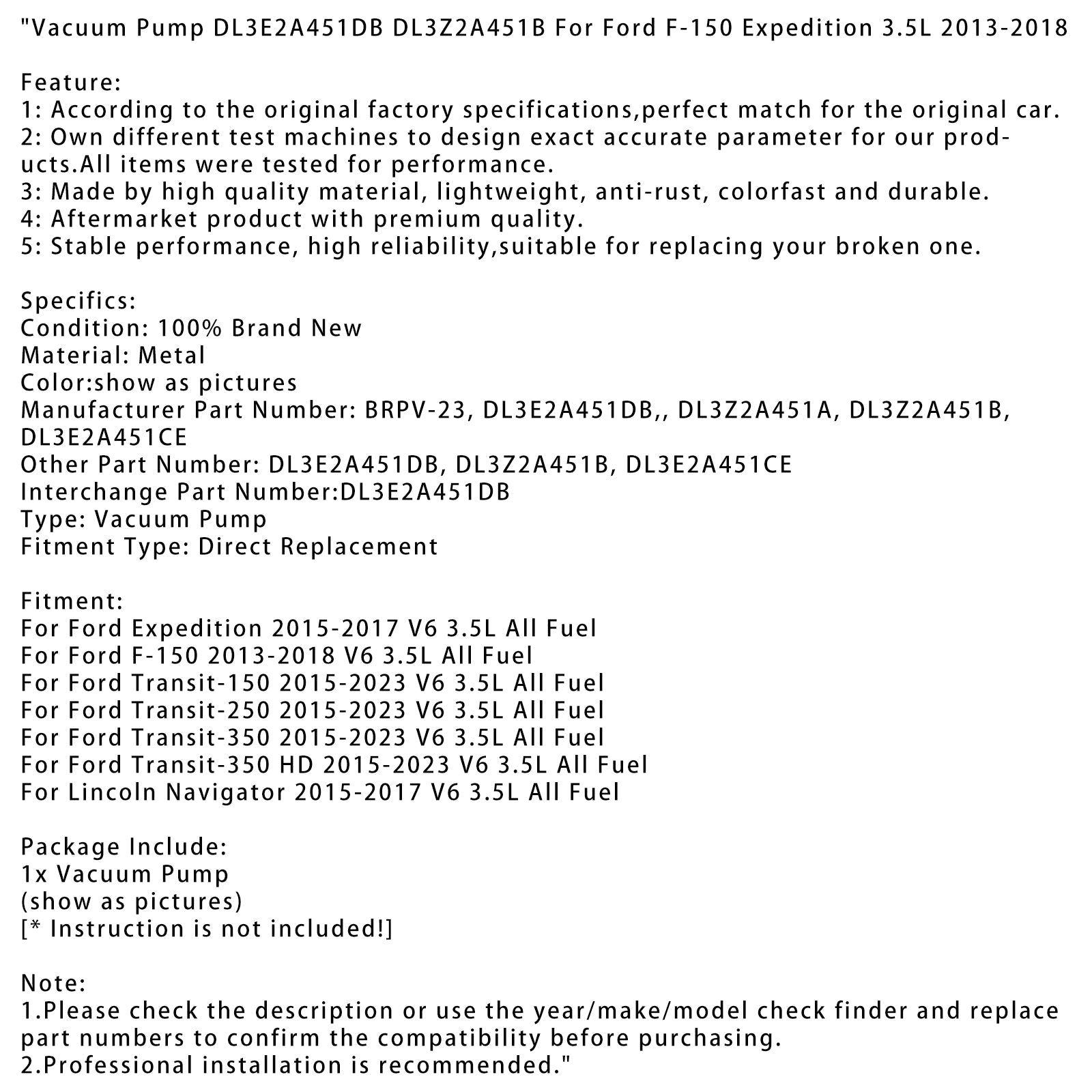 Pompa a vuoto Ford Transit-350 HD V6 3.5L 2015-2023 DL3E2A451DB DL3Z2A451B BRPV-23