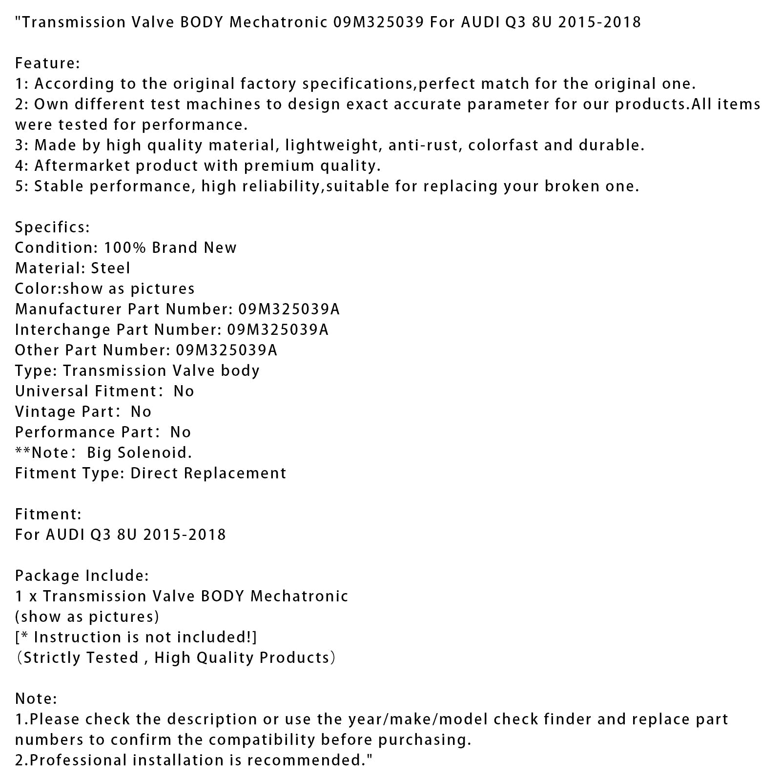 Audi Q3 8U 2015-2018 Mécatronic transmissieklep 09M325039