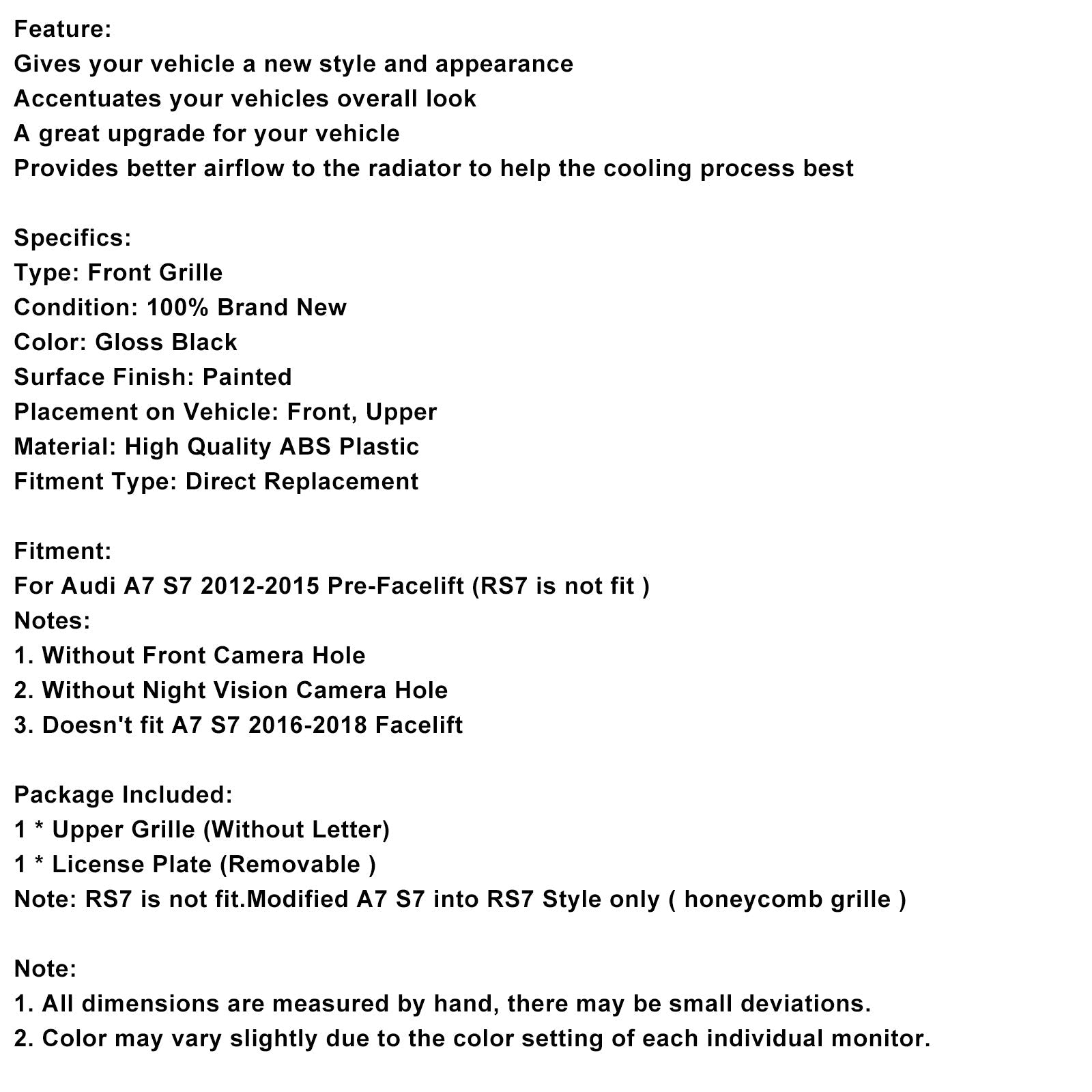 Calandre avant noire style nid d'abeille pour Audi A7/S7 RS7 (2012-2015)