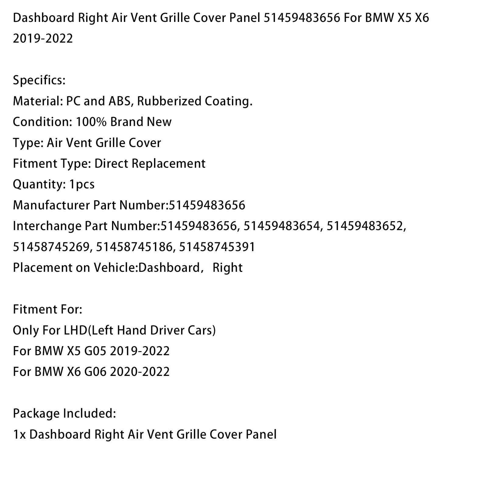 Grille de ventilation droite du tableau de bord BMW X6 G06 (2020-2022) - Cache 51459483656