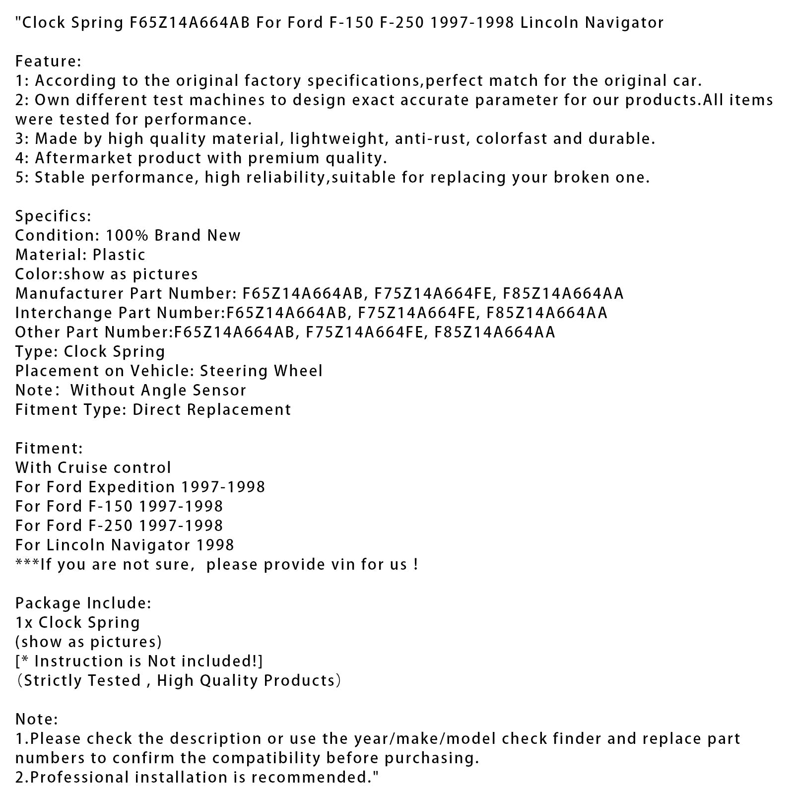 Ressort d'horloge F65Z14A664AB pour Ford F-150 F-250 1997-1998 Lincoln Navigator