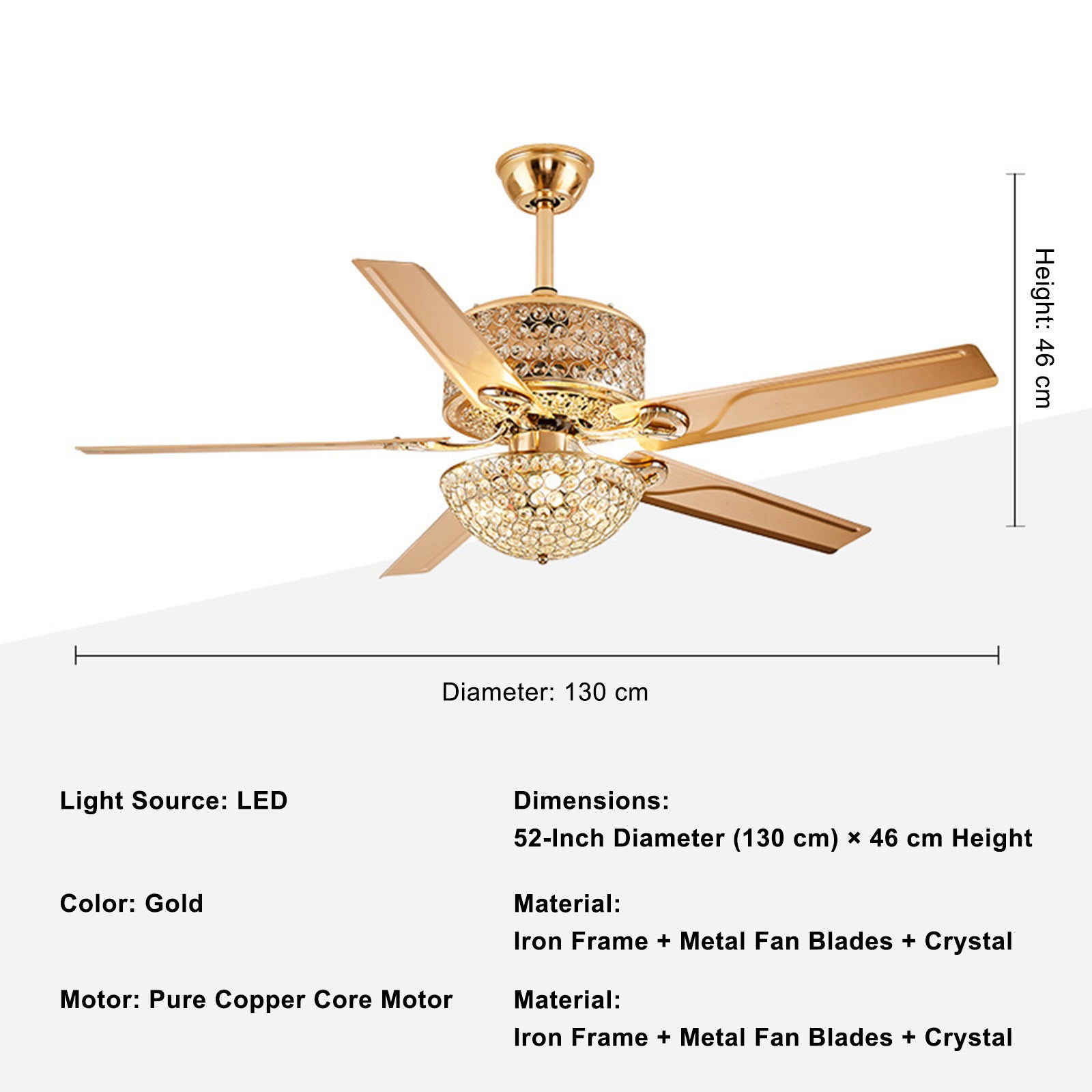 Ventilateur de Plafond Doré avec Lustre en Cristal 52" – Éclairage LED, Télécommande, 5 Pales, 6 Vitesses