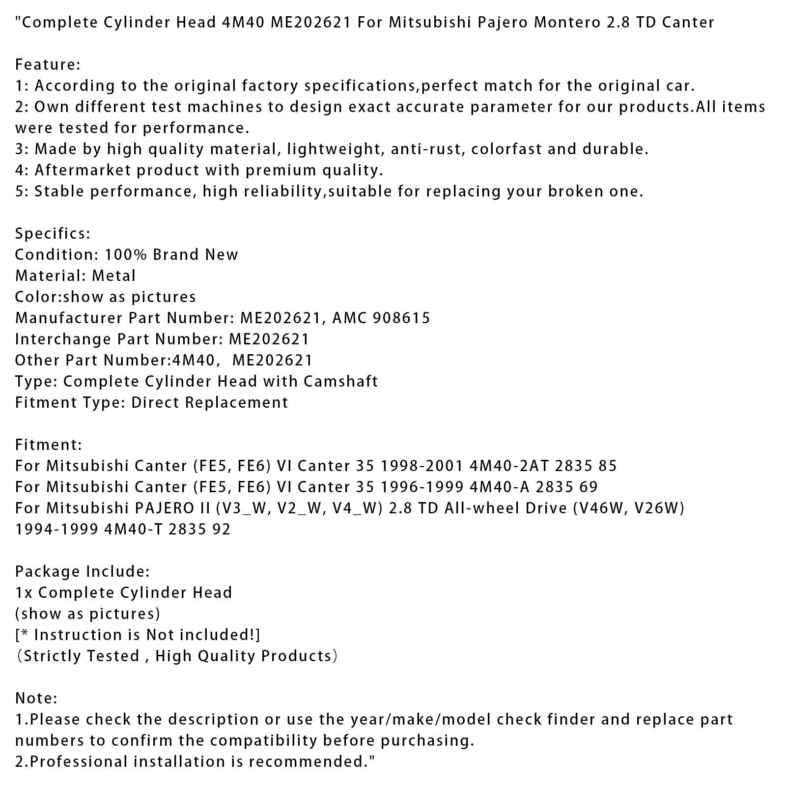 Culasse complète 4M40 ME202621 pour Mitsubishi Pajero II (V3_W, V2_W, V4_W) 2.8 TD à transmission intégrale (V46W, V26W) de 1994 à 1999. Référence : 2835 92