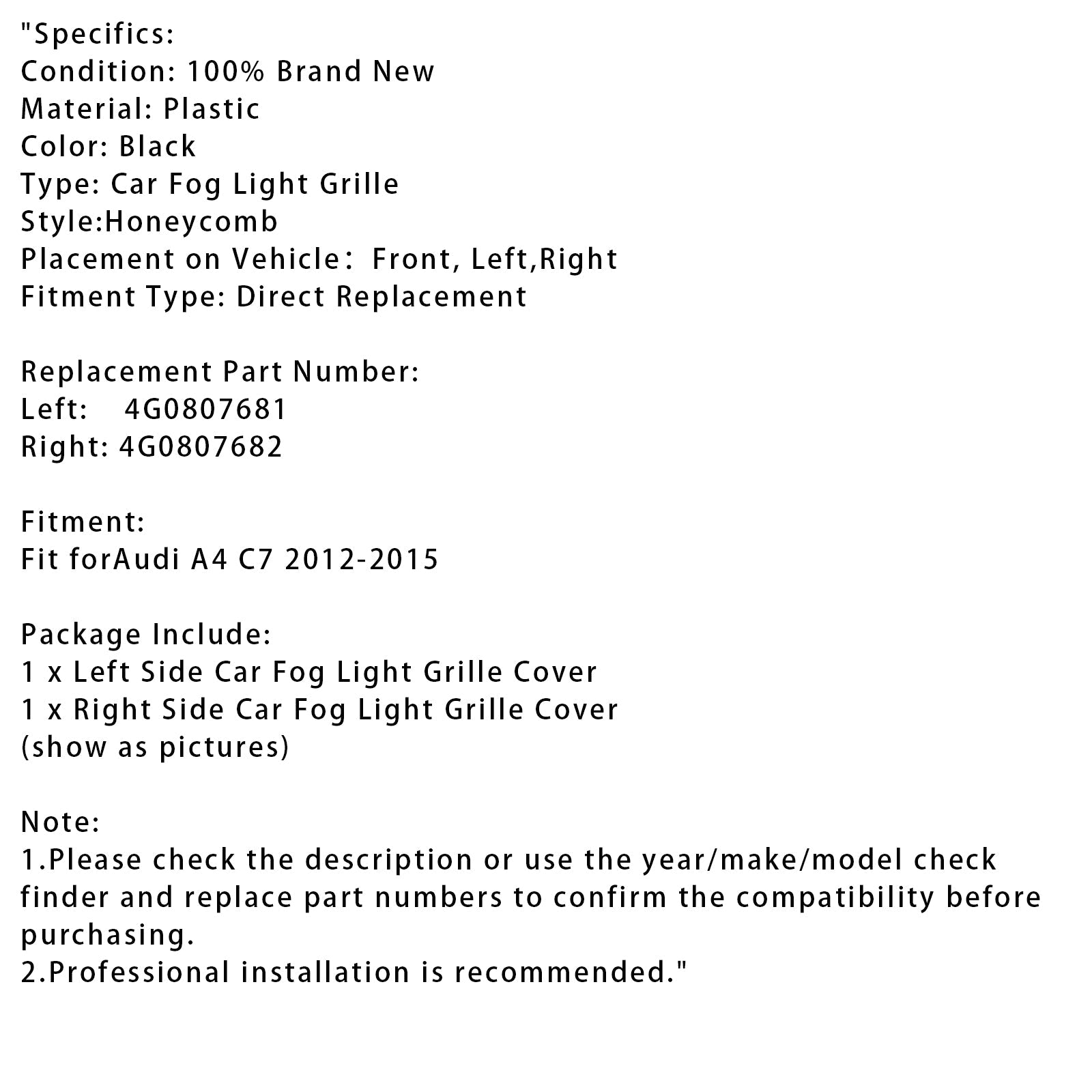 Black Honeycomb Fog Protective Grid voor Audi A4 C7 2012-2015 Front bumper