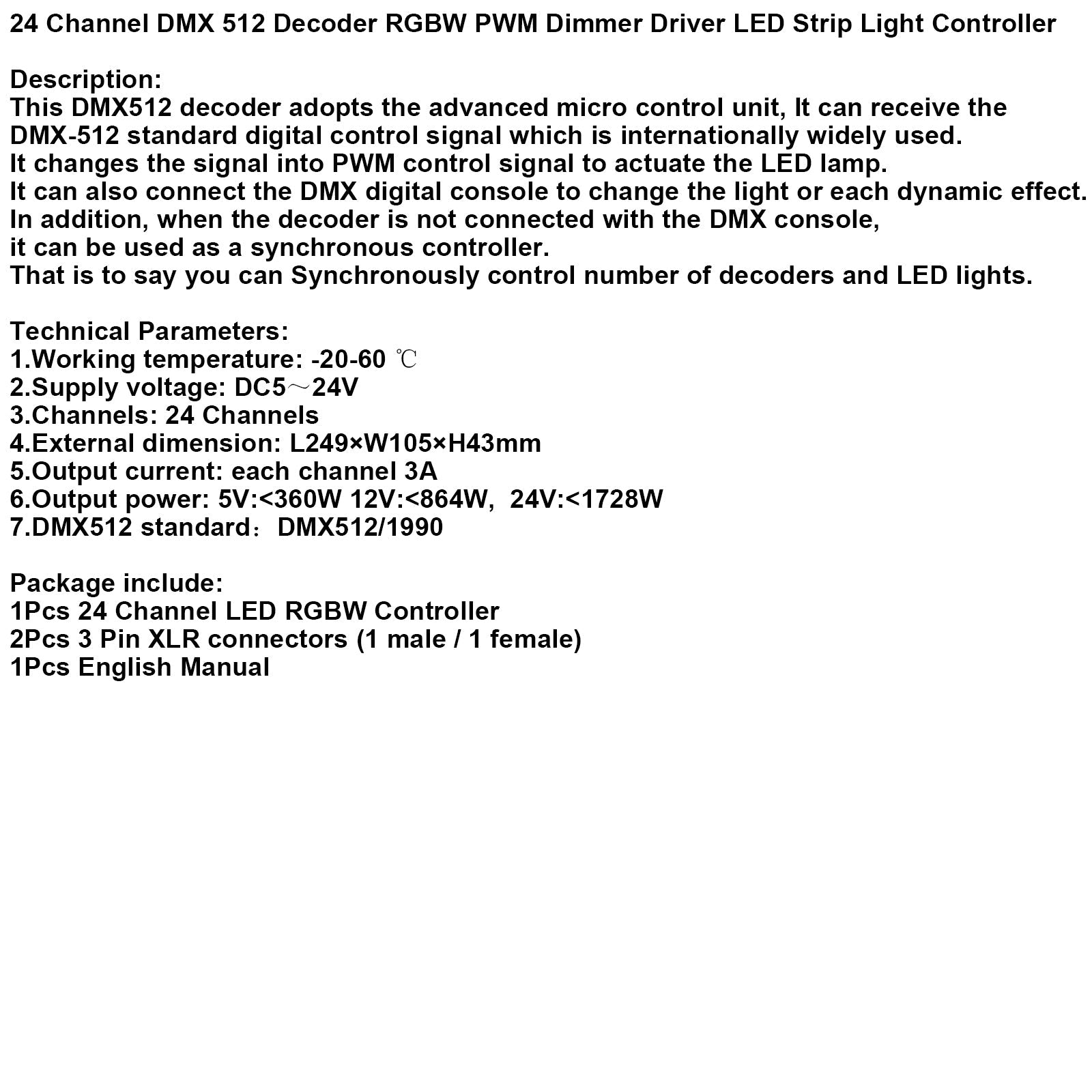 24 canales RGBW PWM DMX 512 decodificador atenuador controlador de luz de tira LED