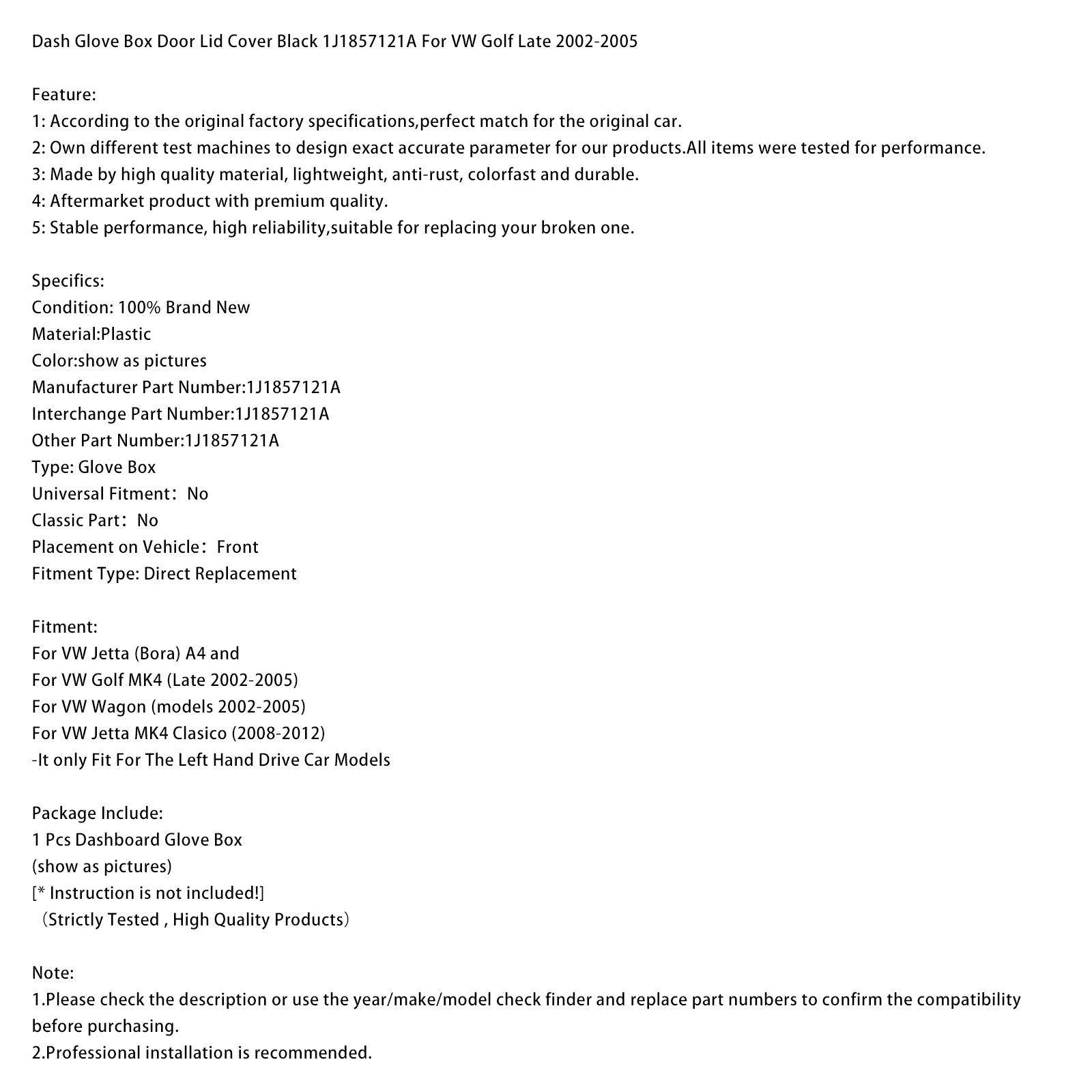 Coperchio della porta del vano portaoggetti nero 1J1857121A per VW Golf fine 2002-2005