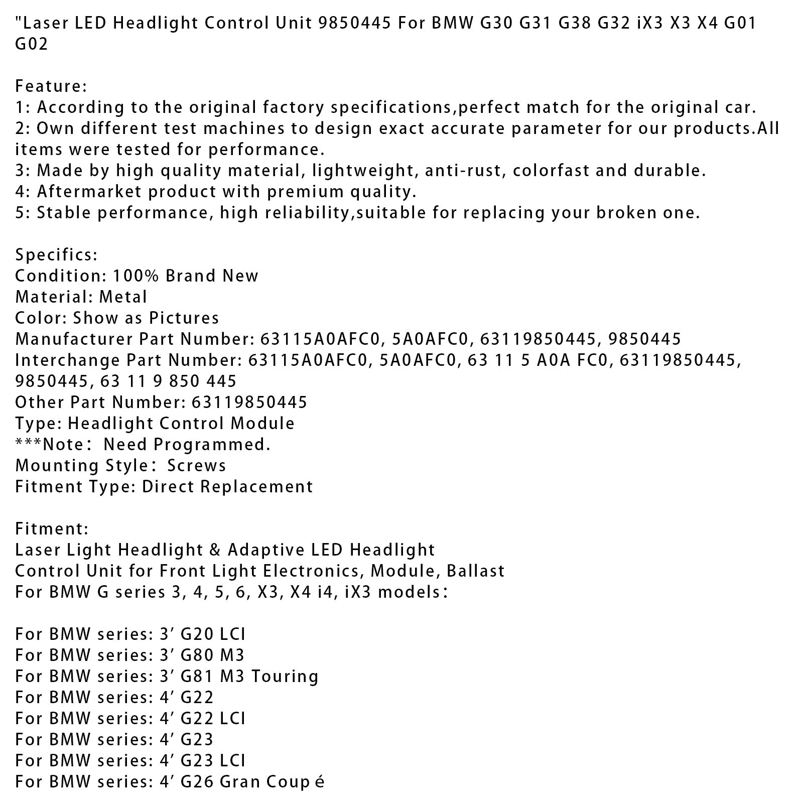 Unité de commande de phare laser LED BMW G30 G31 G38 G32 iX3 X3 X4 G01 9850445