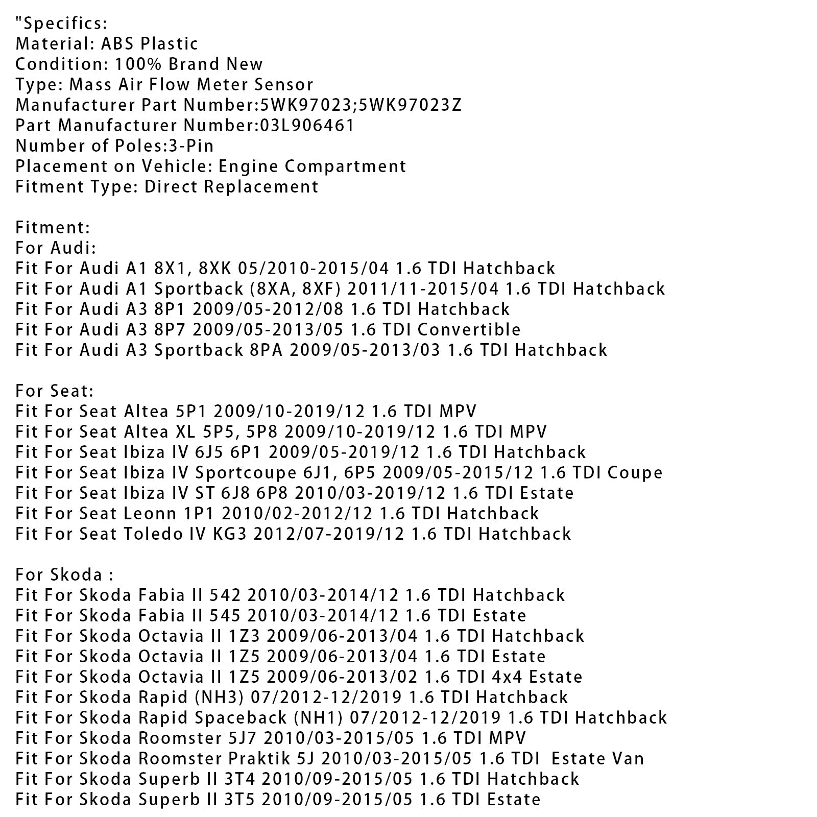 Senzor merilnika pretoka d'zračna masa za VW Golf VI, Audi A1, Seat Leon 1.6TDI 5WK97023