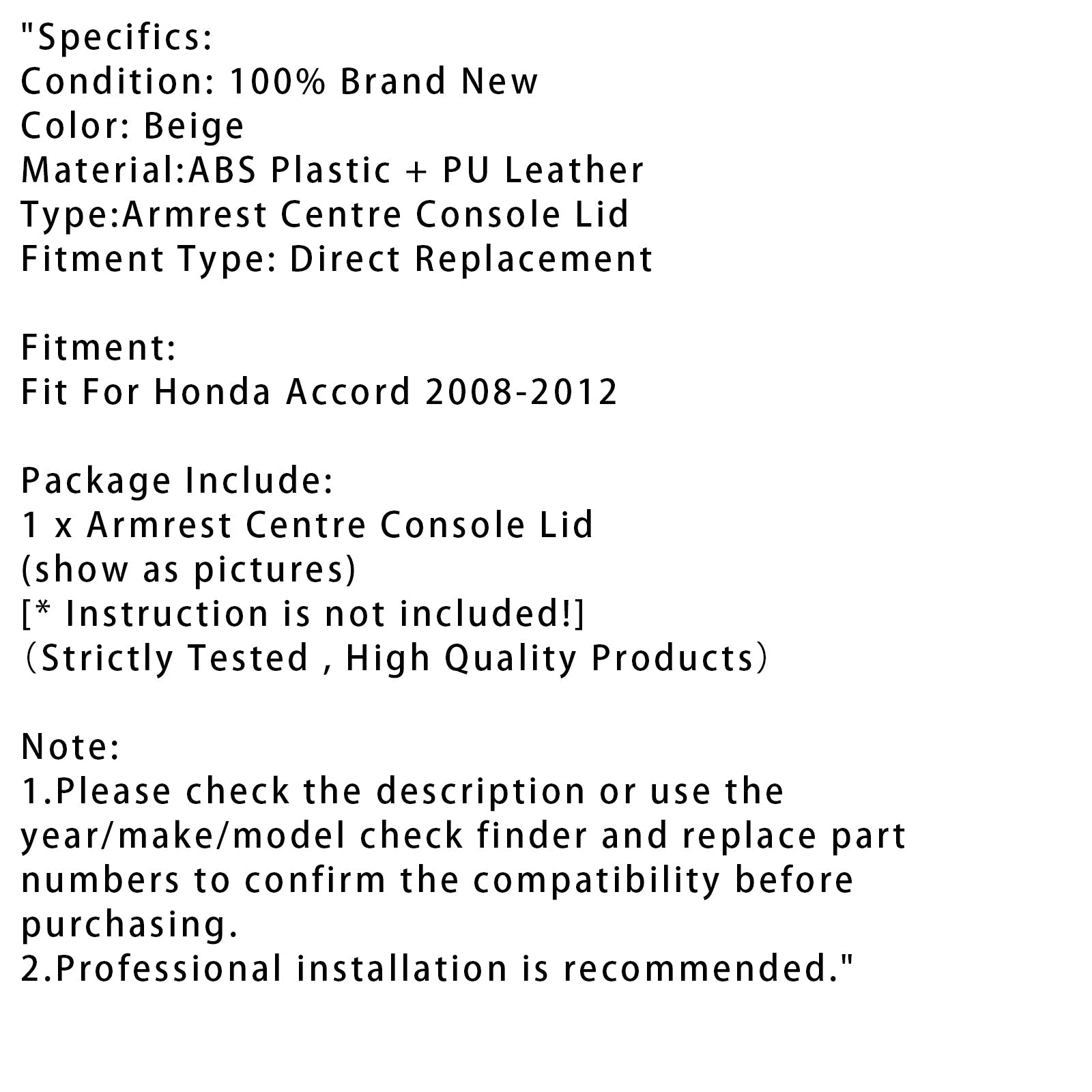 Portada de la consola central del reposabrazos de cuero beige para Honda Accord 2008-2012