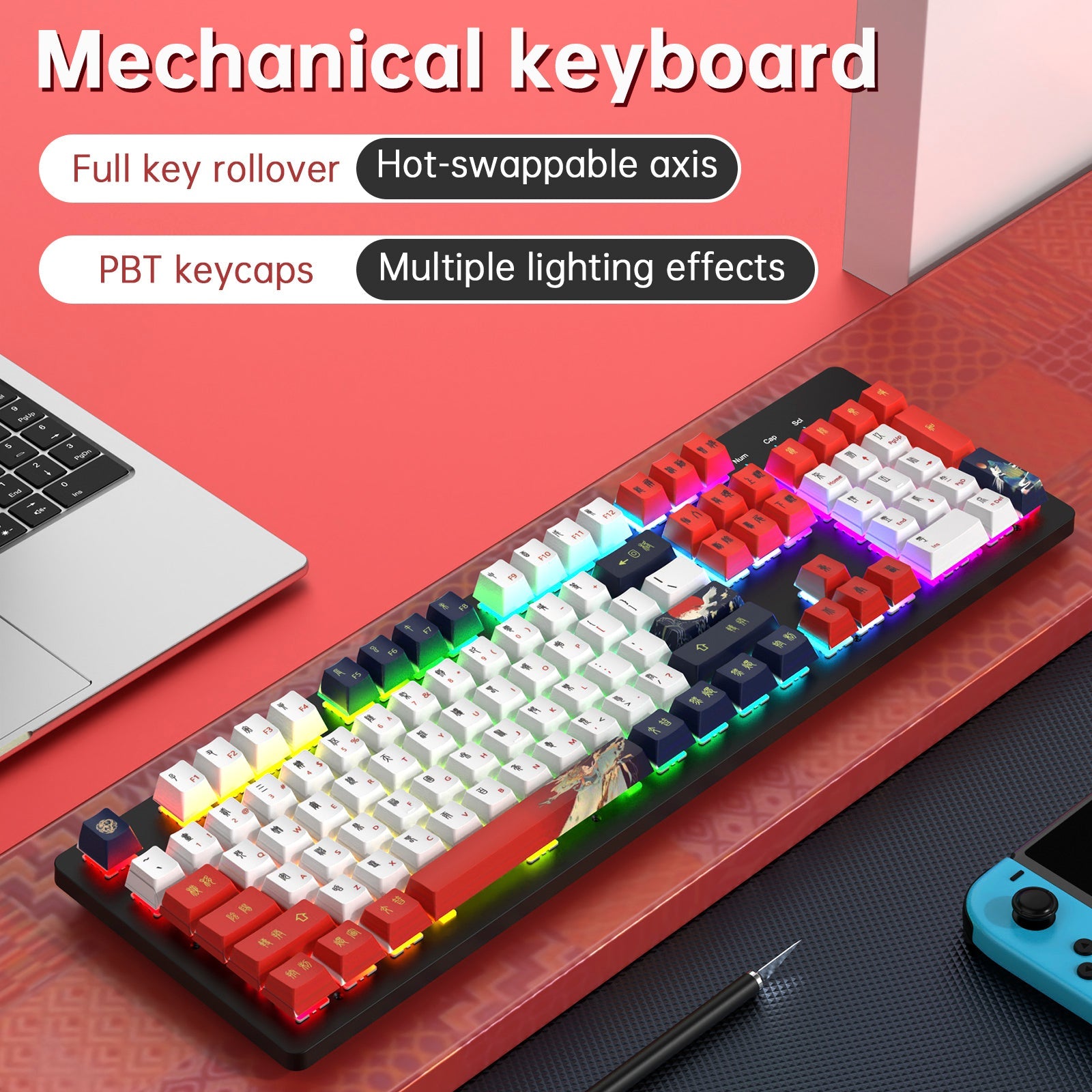 Teclado mecánico para juegos con cable de 104 teclas con interruptores lineales azules y retroiluminación RGB