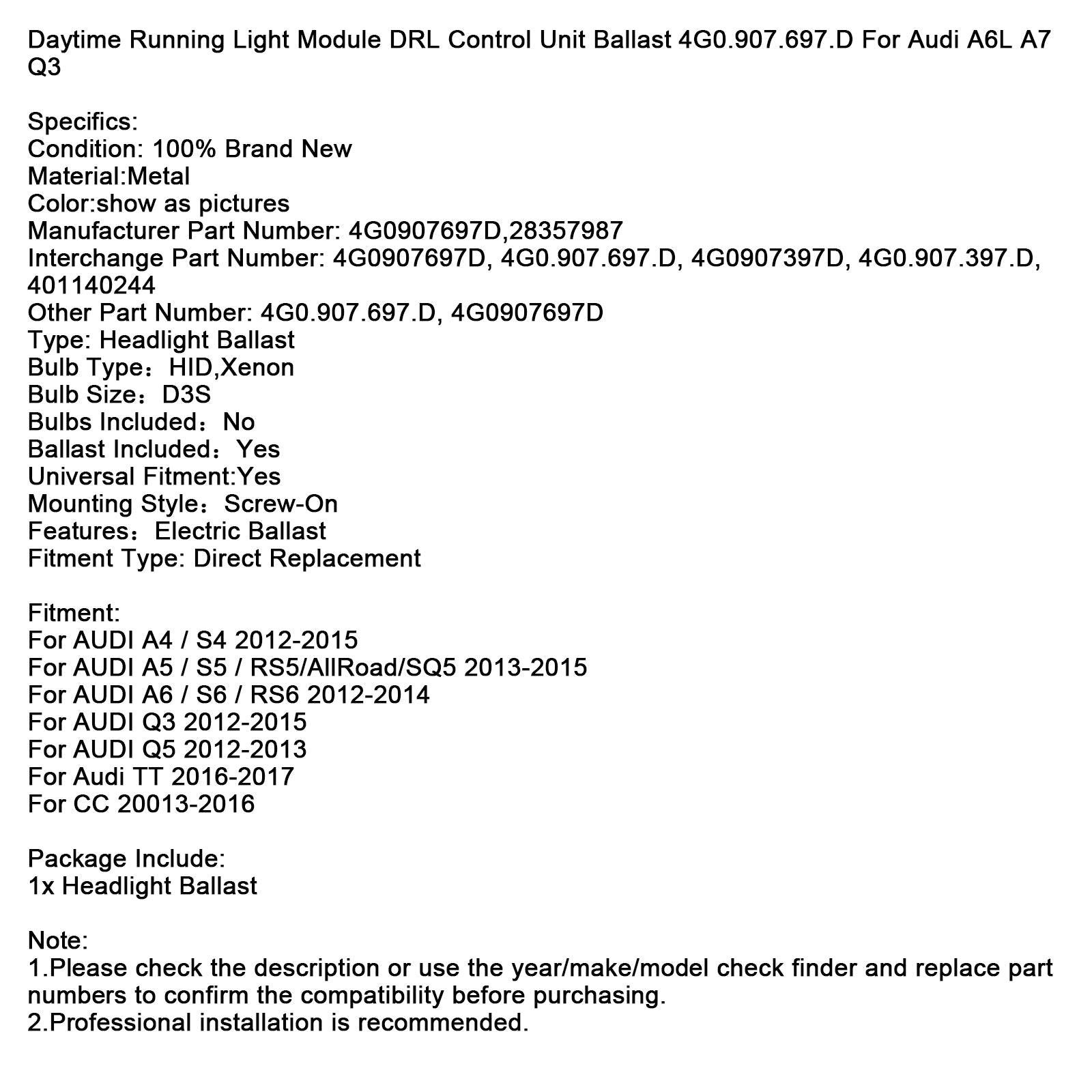 DRL -päivämoduuli, ohjausyksikkö, 4G0.907.697.d Audi