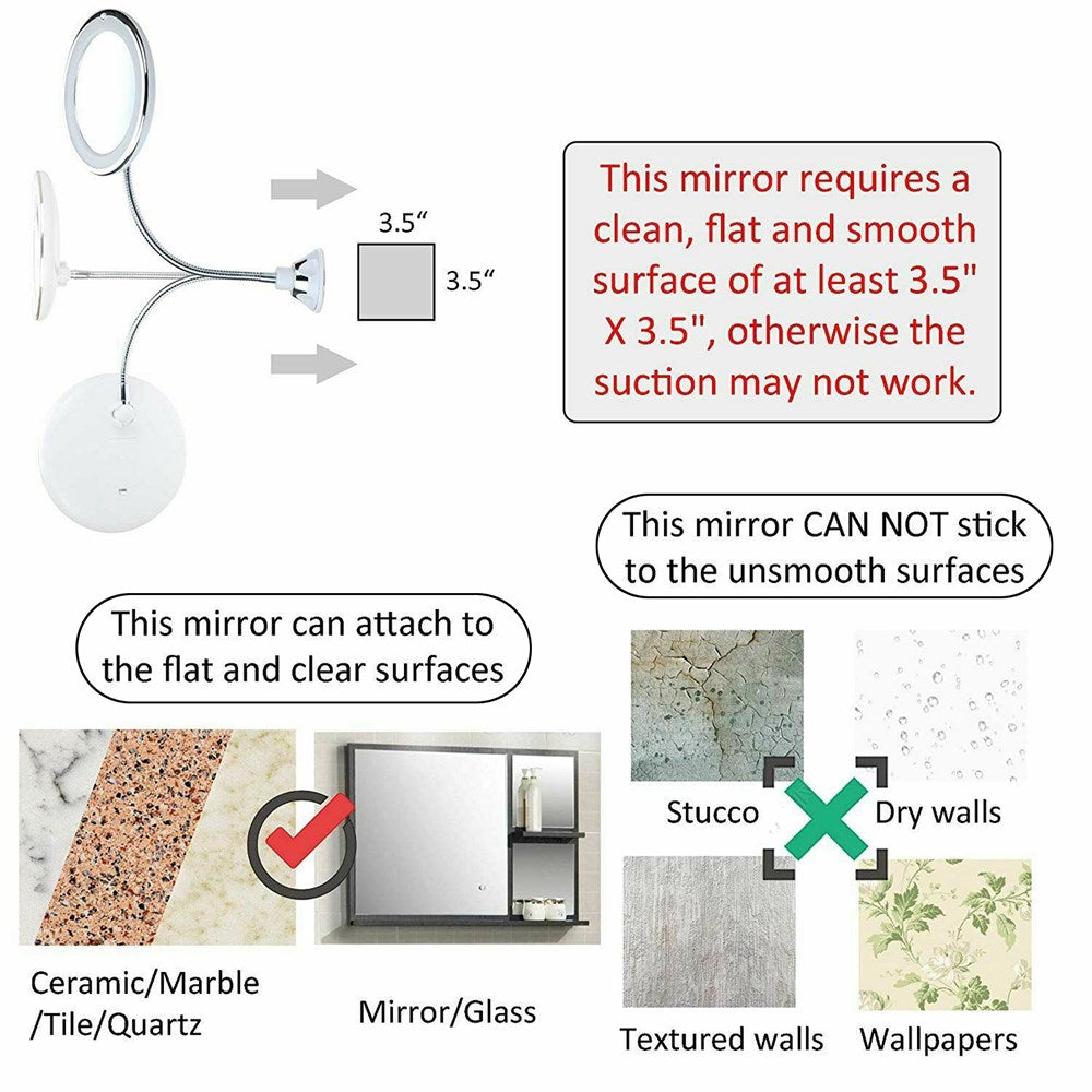 10-kratno fleksibilno ogledalo z gosjim vratom in LED kopalniško lučko z priseskom 7"
