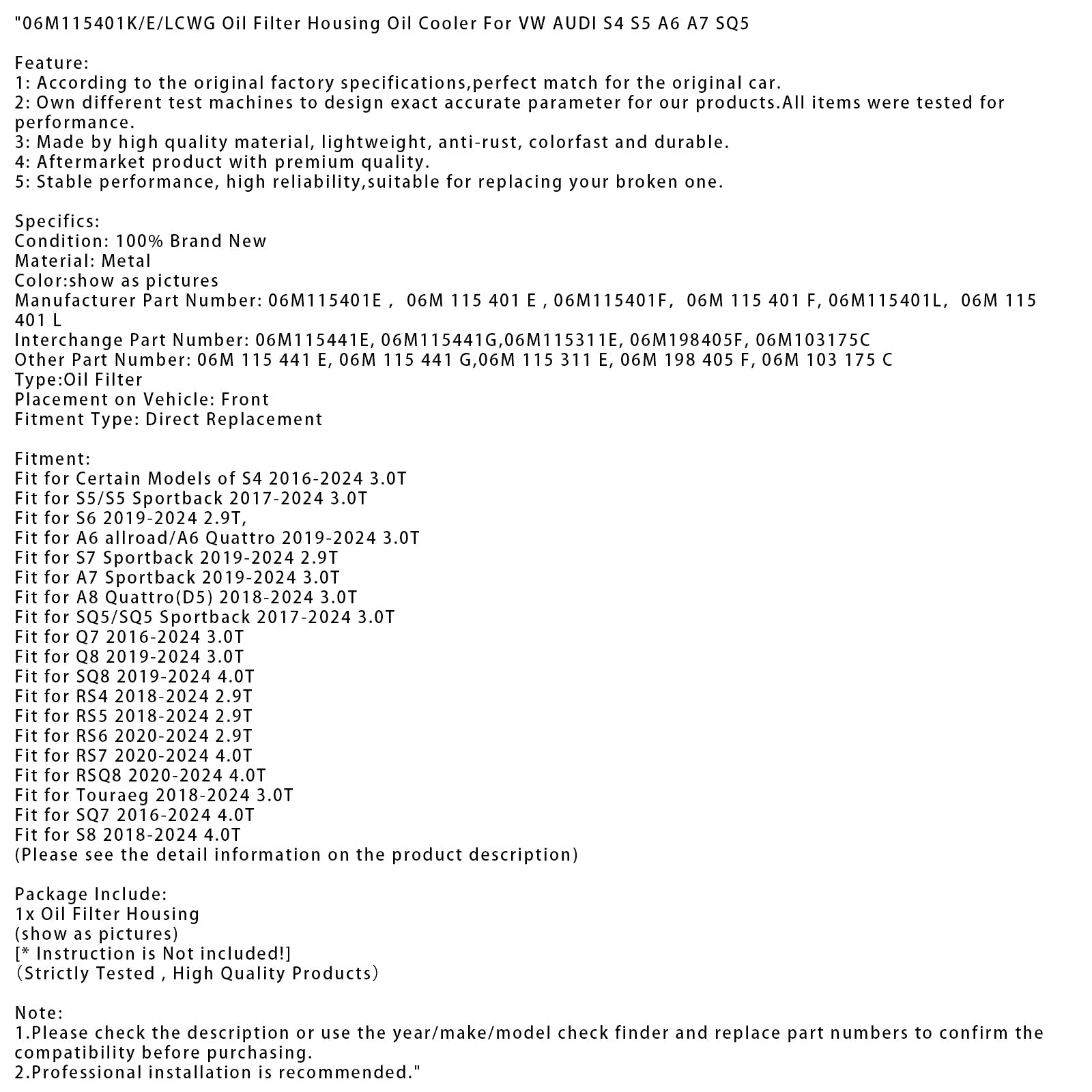 Carcasa del filtro de aceite y enfriador'aceite 06M115401K/E/LCWG para VW AUDI S4 S5 A6 A7 SQ5