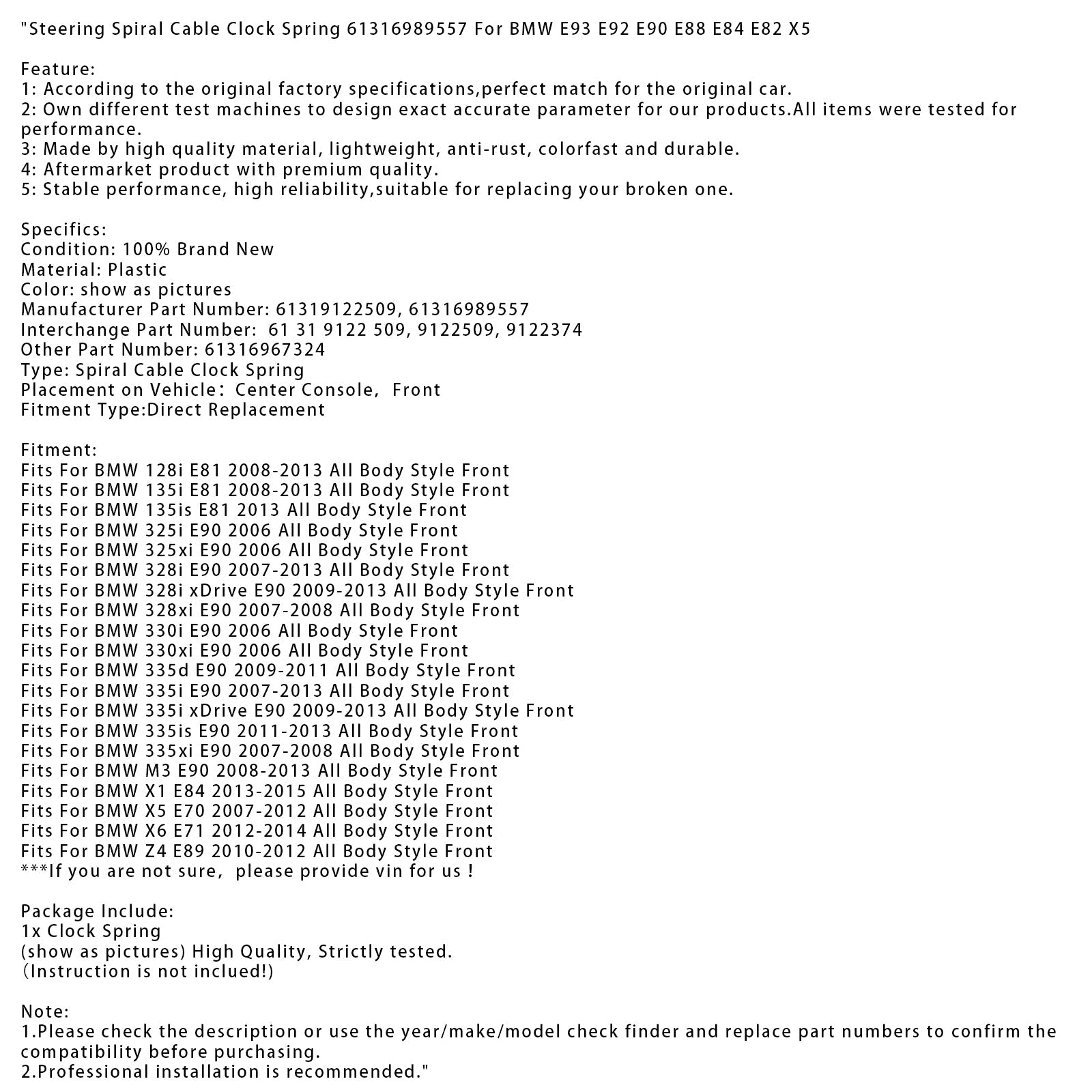 Ressort de câble spiralé de direction 61316989557 pour BMW E93 E92 E90 E88 E84 E82