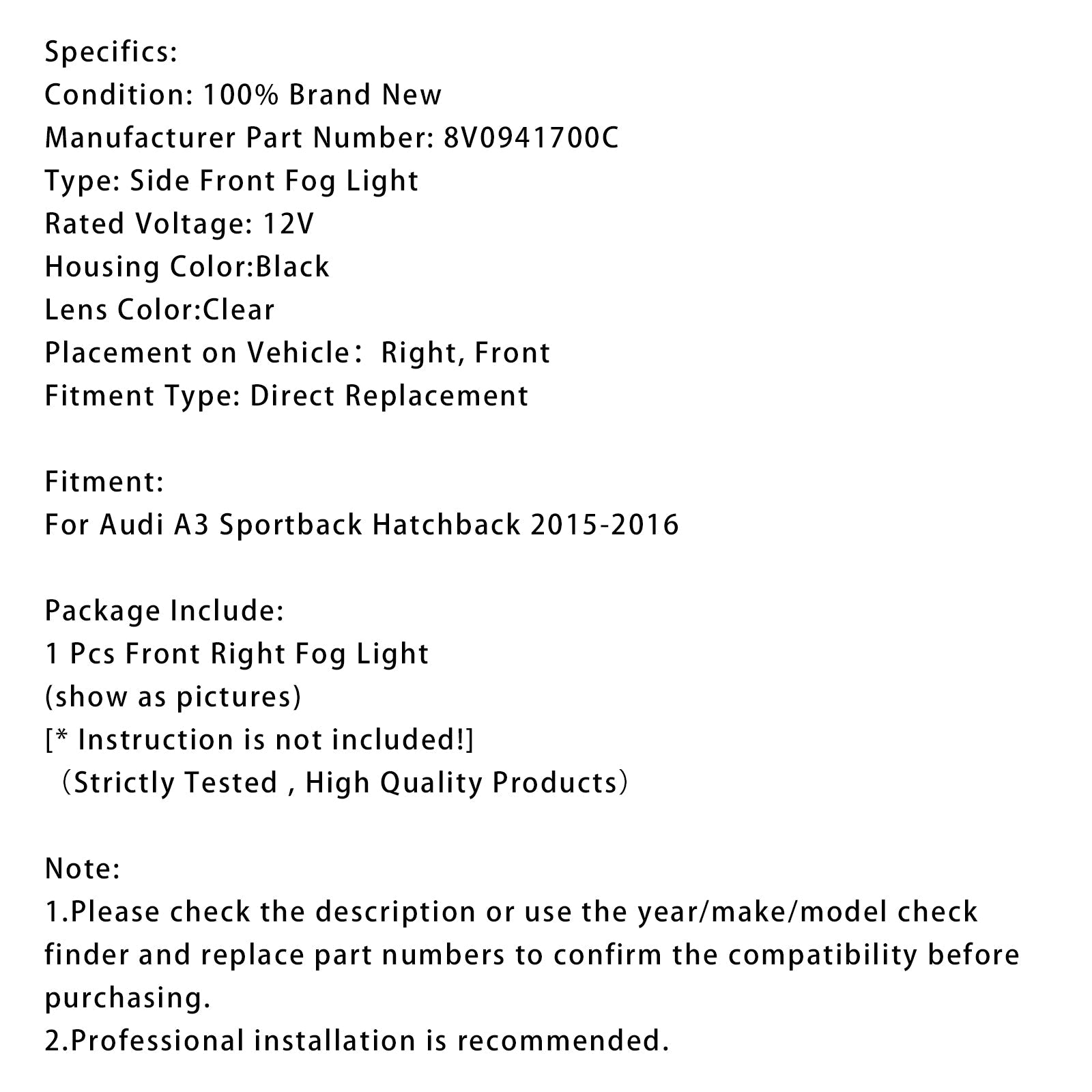 Ognjena megla lučka pred desno z žarnicami 8v0941700c za Audi A3 Sportback 2015-2016