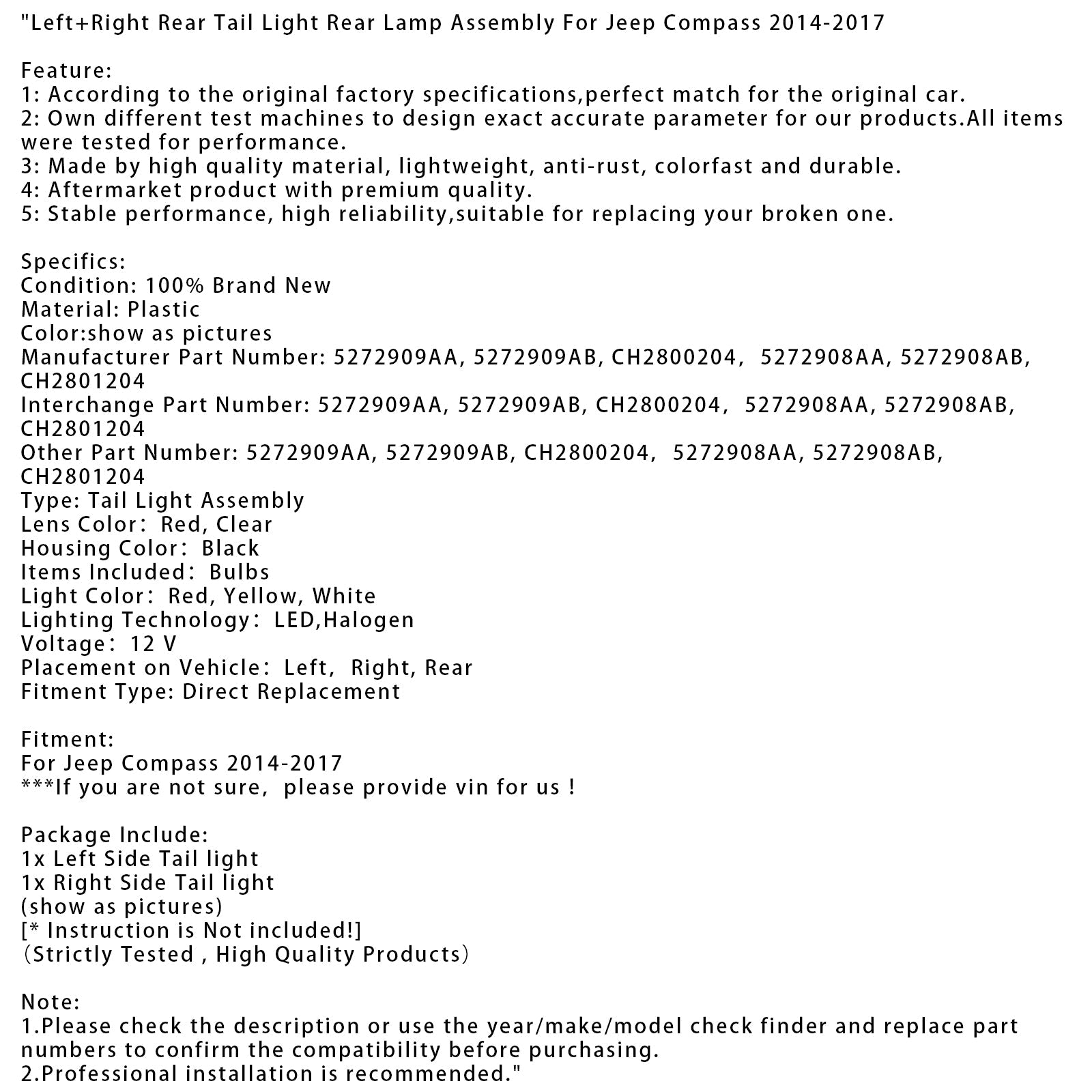 Conjunto de luz trasera izquierda y derecha para Jeep Compass 2014-2017