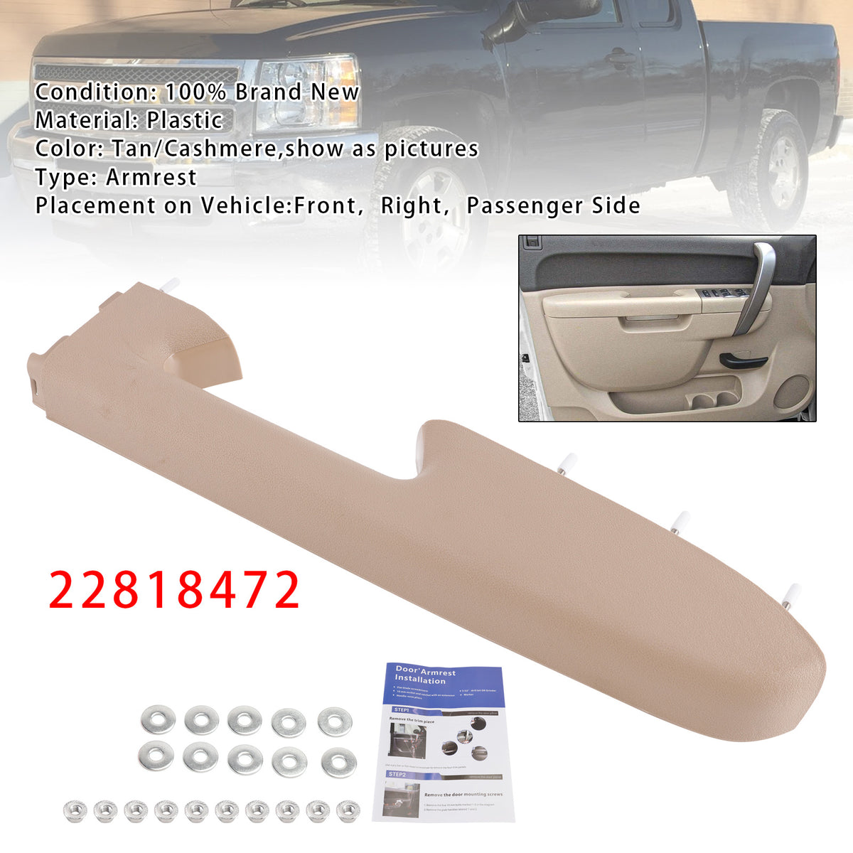 Reparatursatz für Armlehne vorne rechts, kompatibel mit Chevy Silverado 1500 2500HD 2010–2014, Farbe Beige