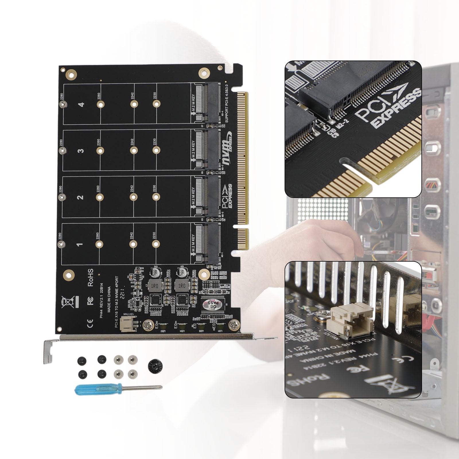 Carte Array 4 Disques NVME PH44 PCI-E X16 avec Répartition de Signal Support M.2 SSD