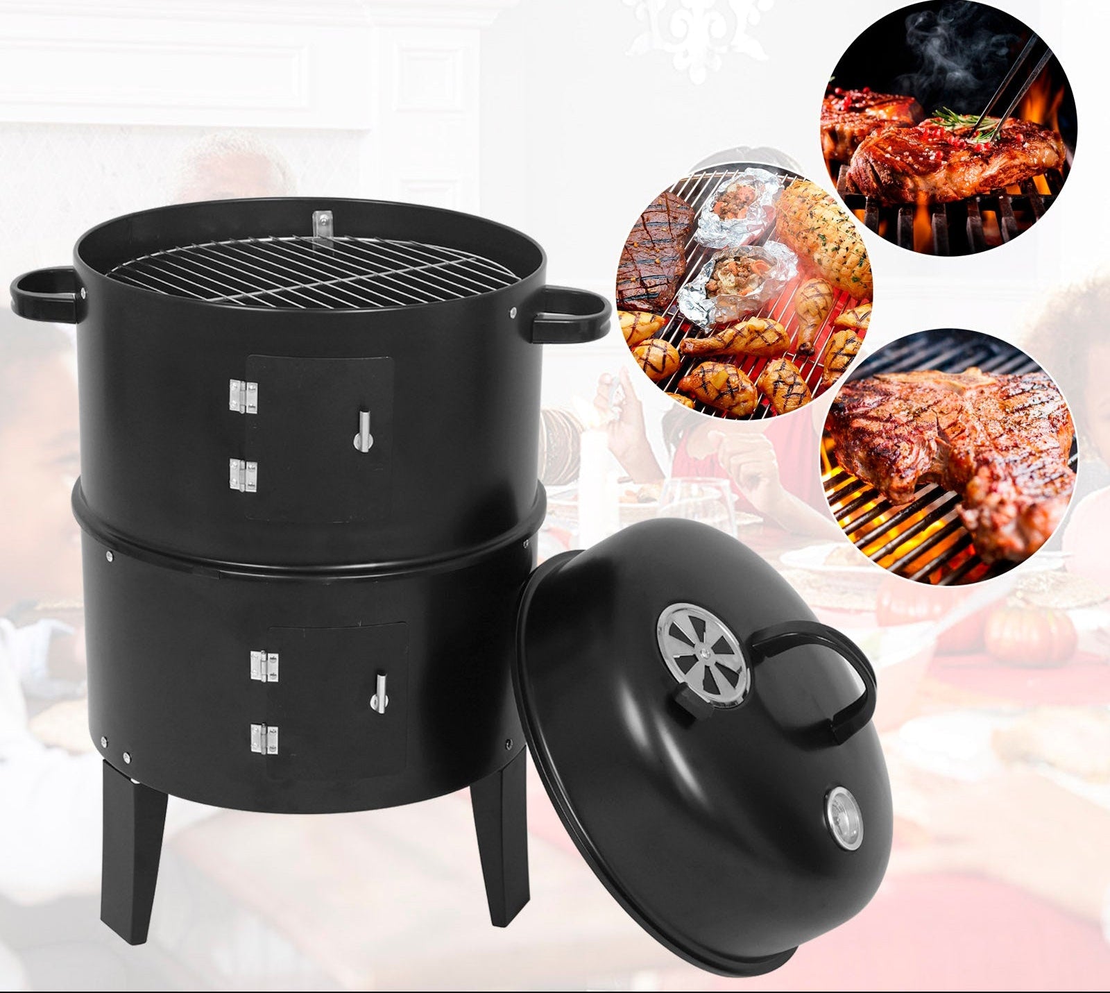 Ahumador de barbacoa de carbón multicapa 3 en 1 con 2 rejillas para cocinar