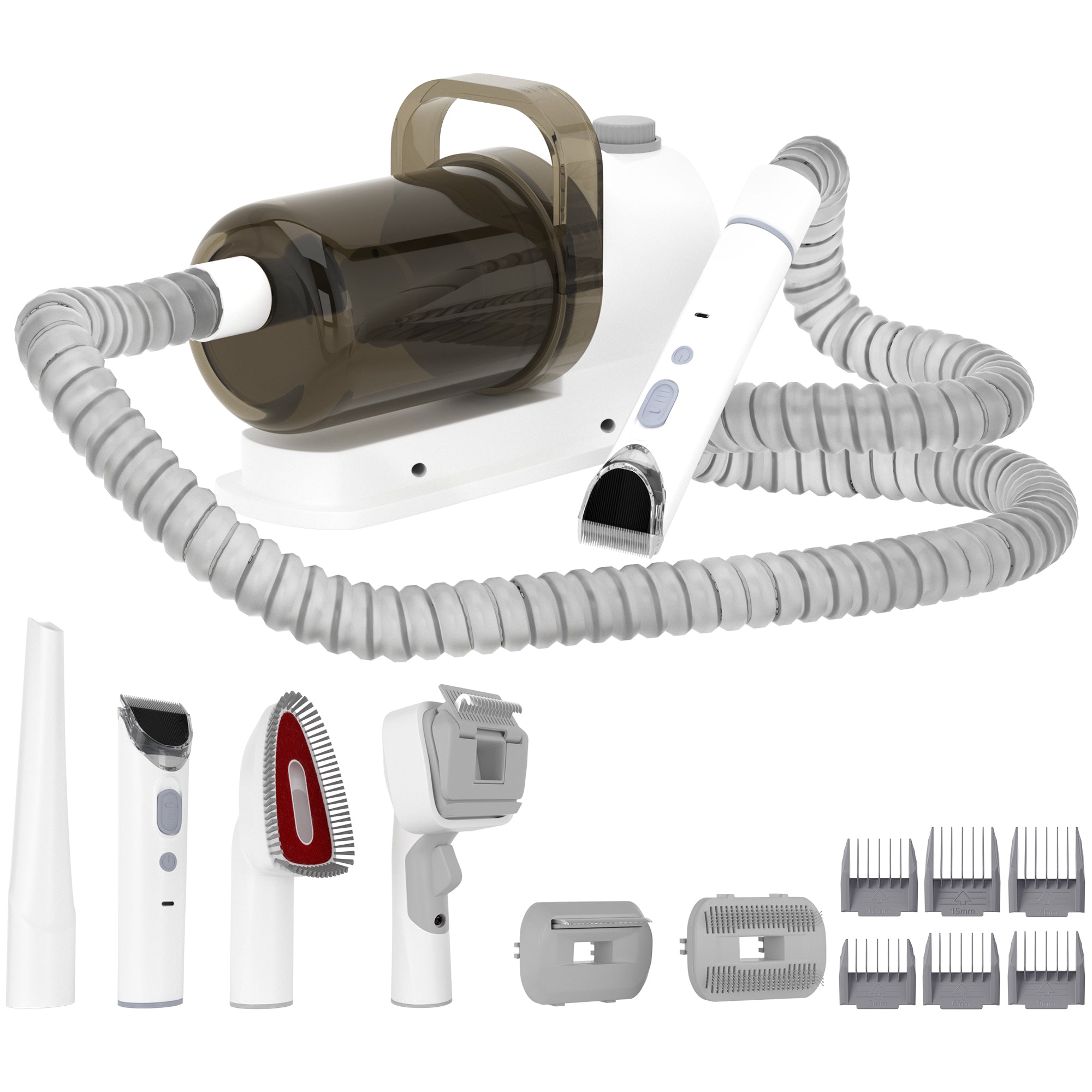 Zestaw do pielęgnacji 5 w 1 ze zintegrowanym odkurzaczem - Maszynka do strzyżenia zapobiegająca kłaczeniu i szczotką z przyssawką dla psów i kotów - Zbiornik 1,5 l