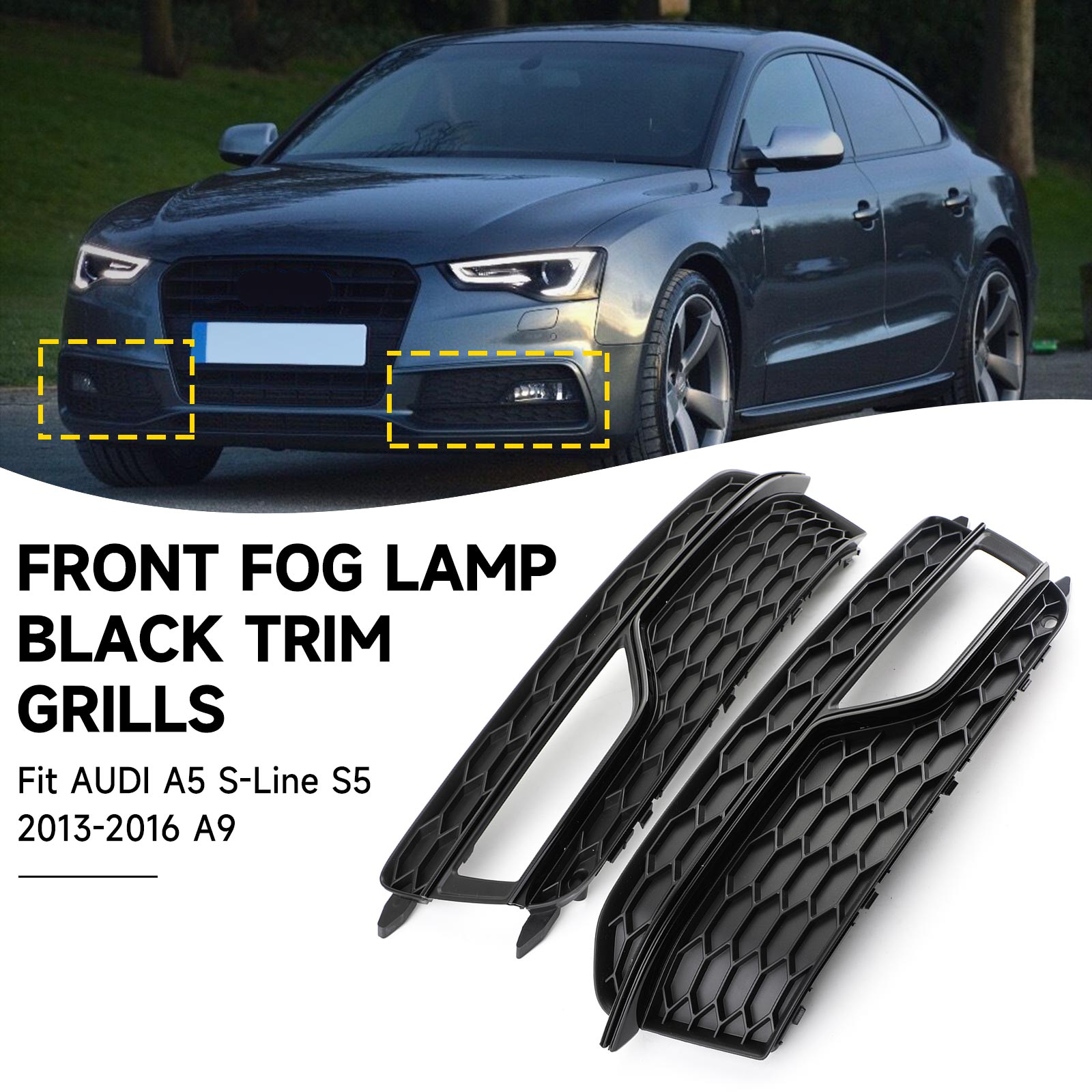 2013-2016 AUDI A5 S-Line S5 Pair Front Fog Lamp Black Trim Grills Grill