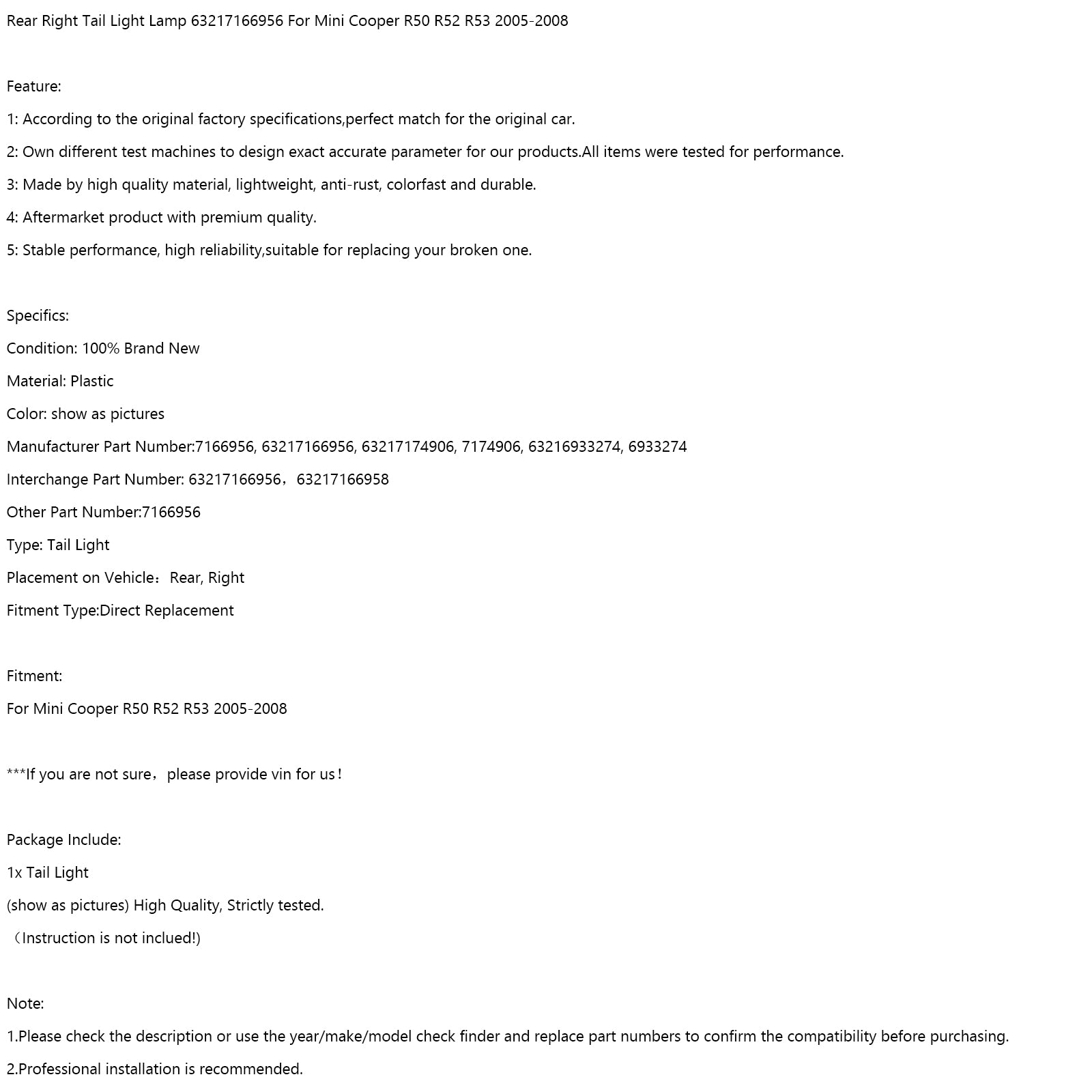 Rear Right Tail Light Lamp 63217166956 Pour Mini Cooper R50 R52 R53 2005-2008