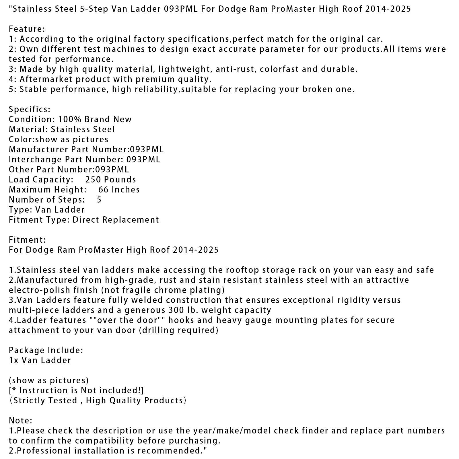 5-treden roestvrijstalen ladder voor bestelwagens met hoog dak, geschikt voor Dodge Ram ProMaster 2014-2025 (093PML)