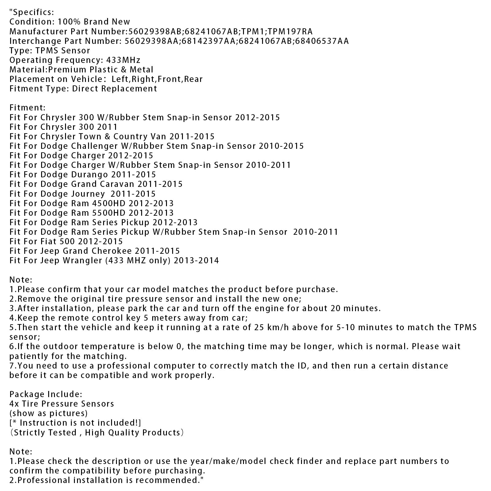 4x TPMS -rengaspaine -anturi Dodge Jeep Chrysler Ram 56029398ab
