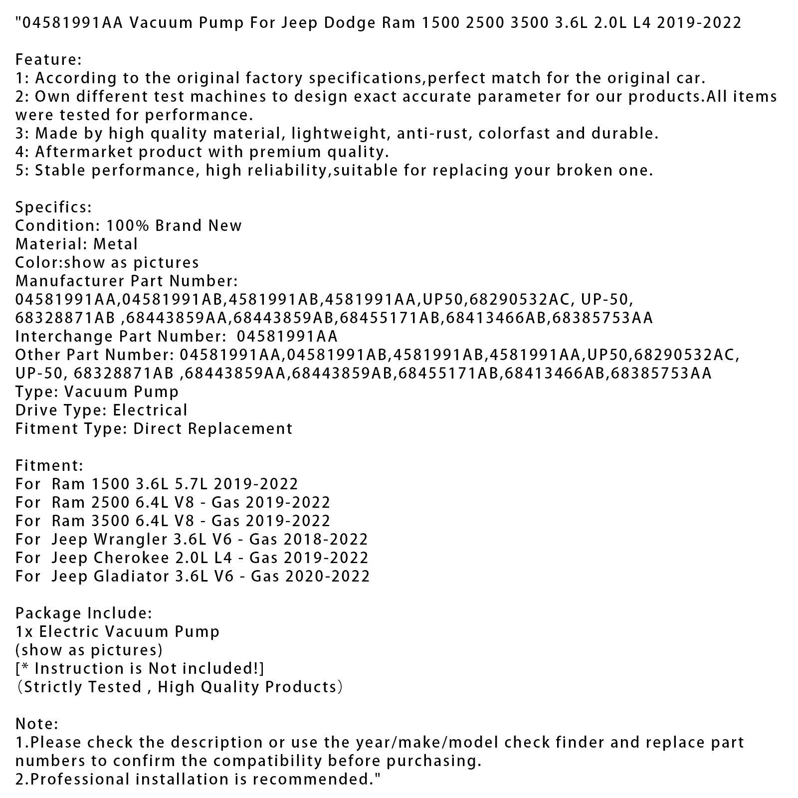 Pompa del vuoto per Jeep Dodge Ram 2500 6.4L V8 benzina (2019-2022) - Codice articolo : 04581991AA/68443859AA