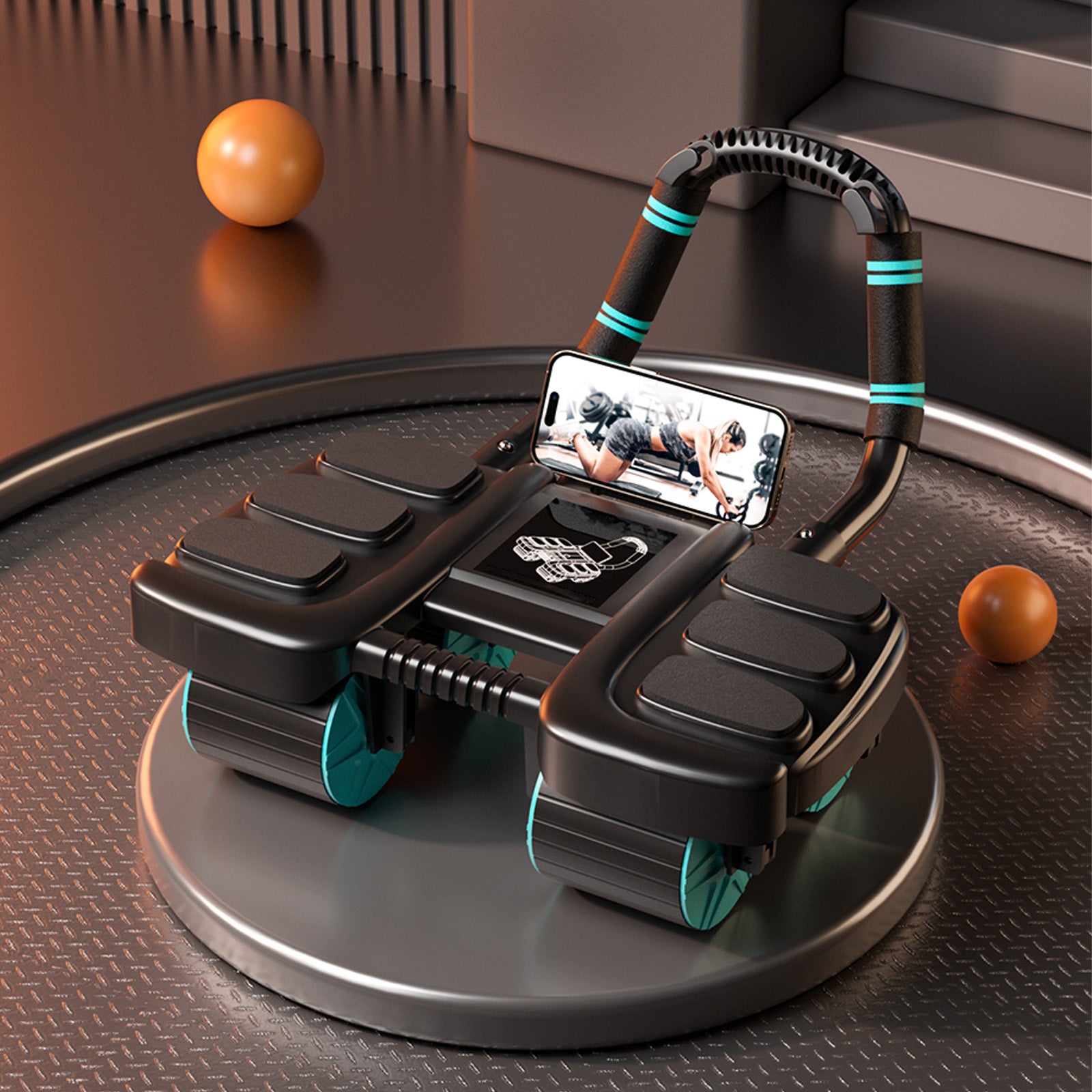 Roue abdominale noire à rebond automatique et support coudé portable pour gymnastique à domicile – Stabilité à 4 roues avec chronomètre, entraîneur de gainage parfait pour hommes et femmes