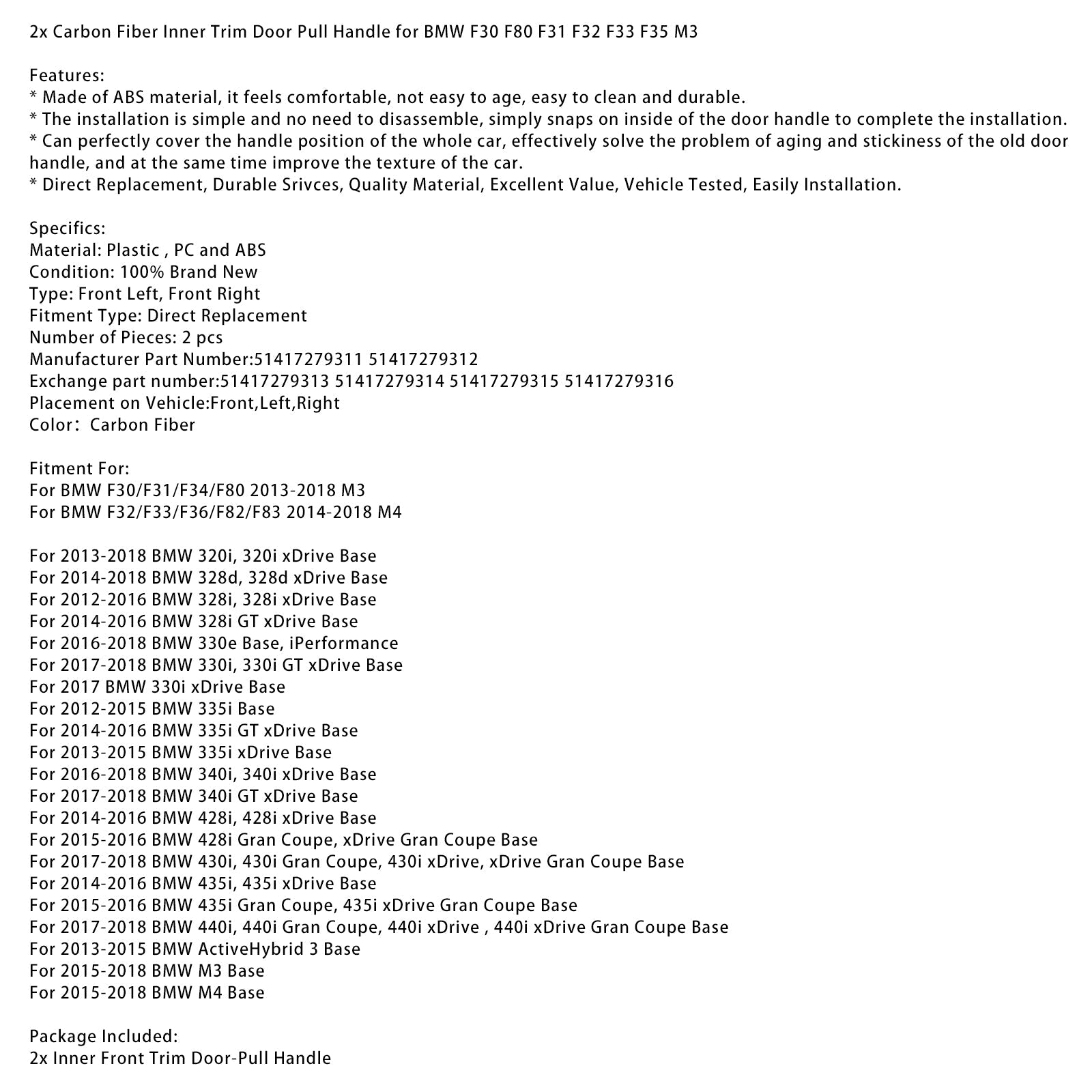 Poignée de porte intérieure avant gauche/droite pour BMW F30 F80 F31 F32 F33 F35 M3