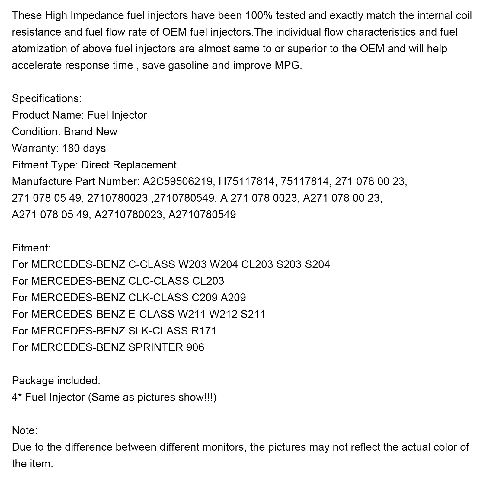 4x Injecteurs de Carburant A2710780023 Pour MERCEDES-BENZ CLC-CLASS CL203