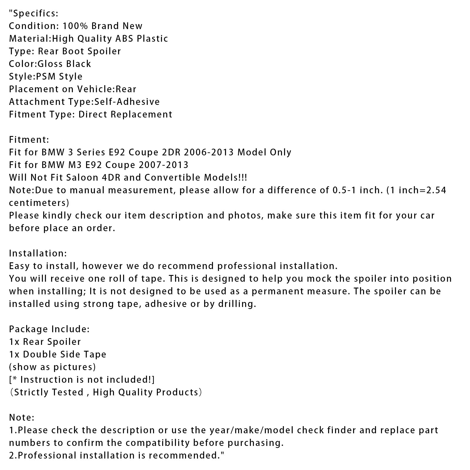 Sijajno črn zadnji spojler prtljažnika za BMW M3 E92 Coupe 2007-2013