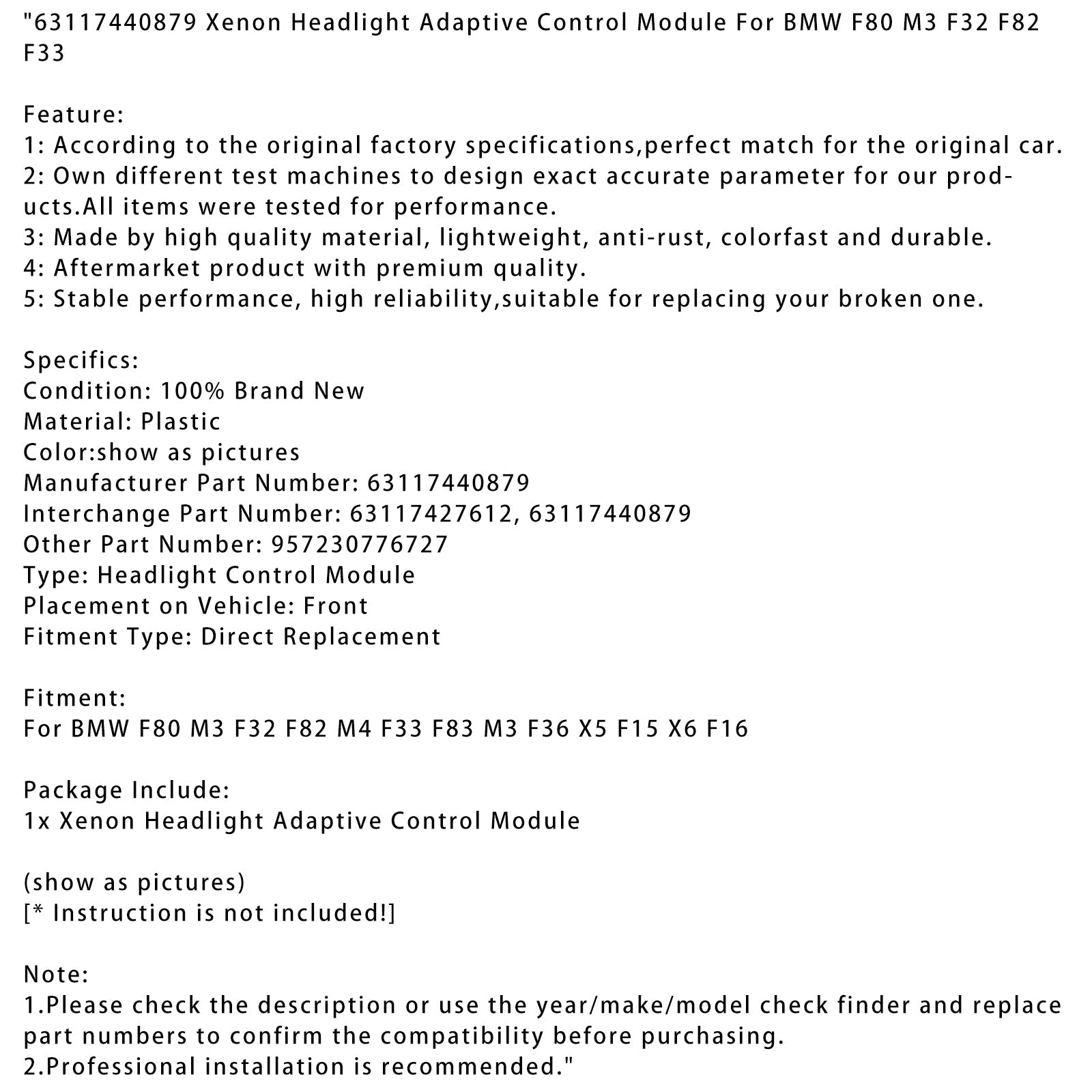 Prilagodljivi krmilni modul od žarometa do Xenon BMW F80 M3 F32 F82 M4 F33 F83 M3 F36 X5 F15 X6 F16 63117440879 957230776727