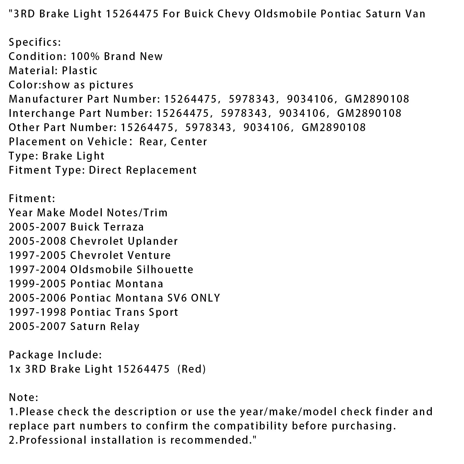 Derde vuurstop 15264475 voor Buick Van, Chevy, Oldsmobile, Pontiac, Saturn