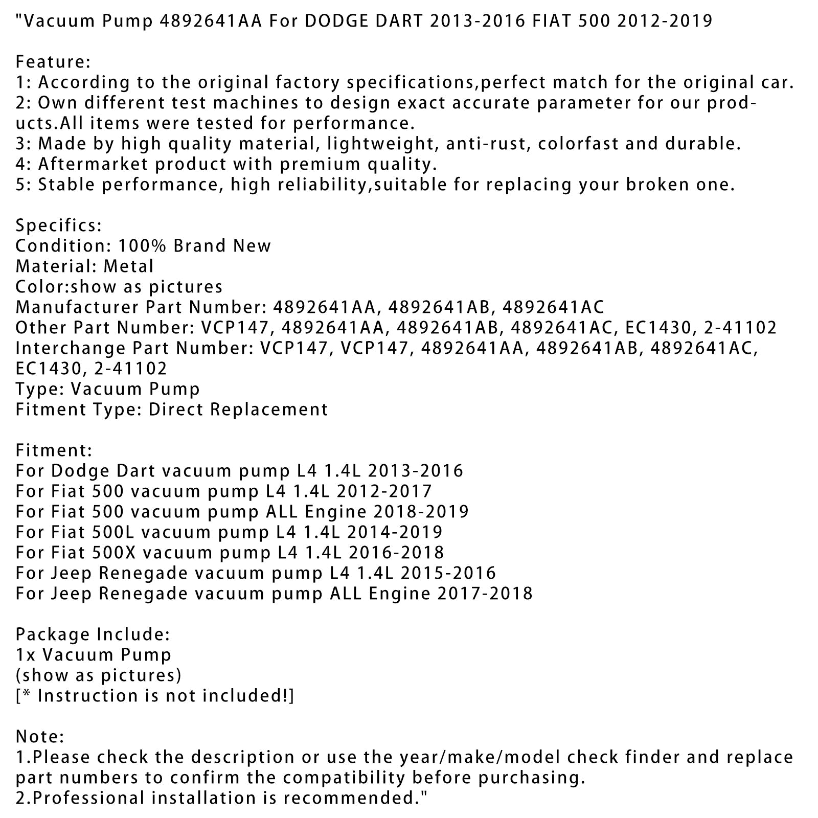 Pompa próżniowa Fiat 500 2018-2019 Pompa próżniowa WSZYSTKIE silniki 4892641AA