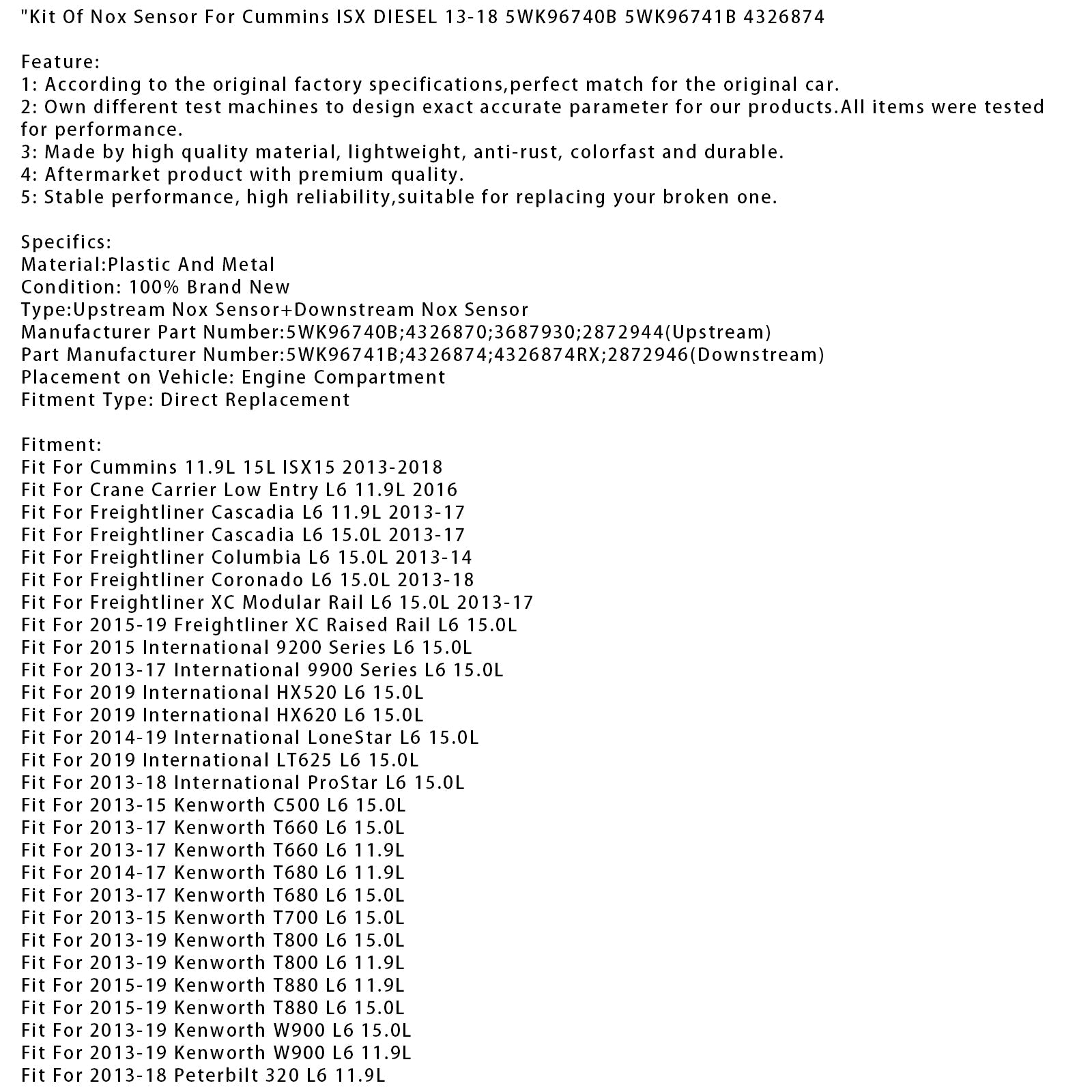 NOx-sensorkit voor Van Hool Tourist Coach TX L6 11.9L (2014-2015) : referenties 5WK96740B, 5WK96741B en 4326874