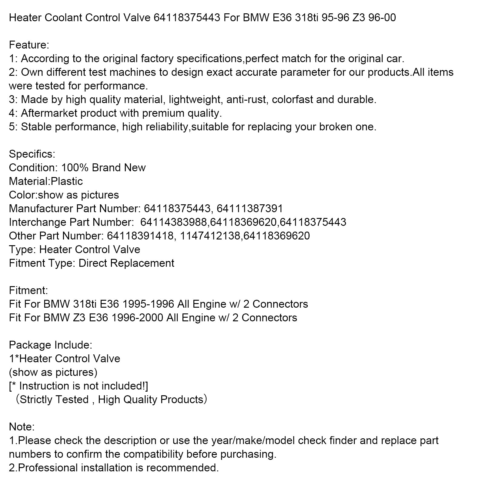 Válvula de Control de refrigerante del calentador 64118375443 para BMW E36 318ti 95-96 Z3 96-00