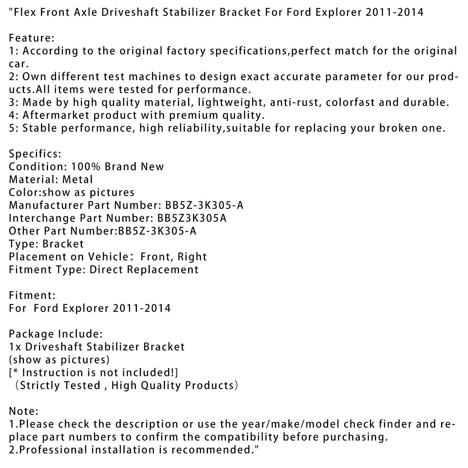 Soporte estabilizador del eje de transmisión del eje delantero Ford Explorer Flex 2011-2014 BB5Z-3K305-A BB5Z3K305A