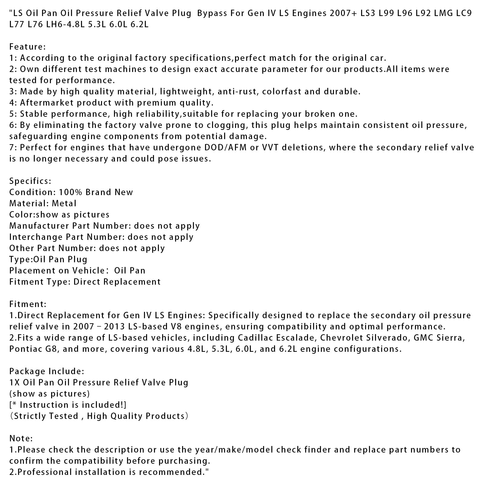 Bouchon de dérivation de soupape de surpression d'huile de carter d'huile pour moteurs LS de quatrième génération (2007+) LS3