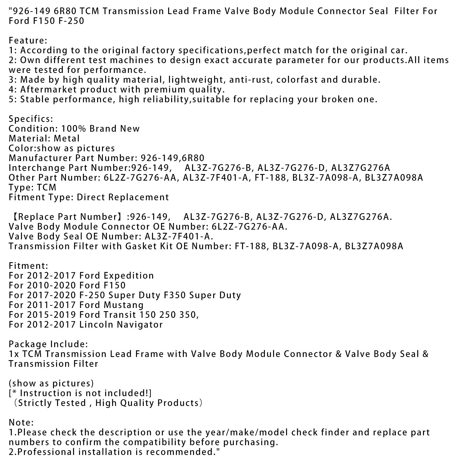 2015-2019 Ford Transit 150 250 350 TCM Transmission Cadre de plomb Corps de soupape Module Connecteur Joint Filtre