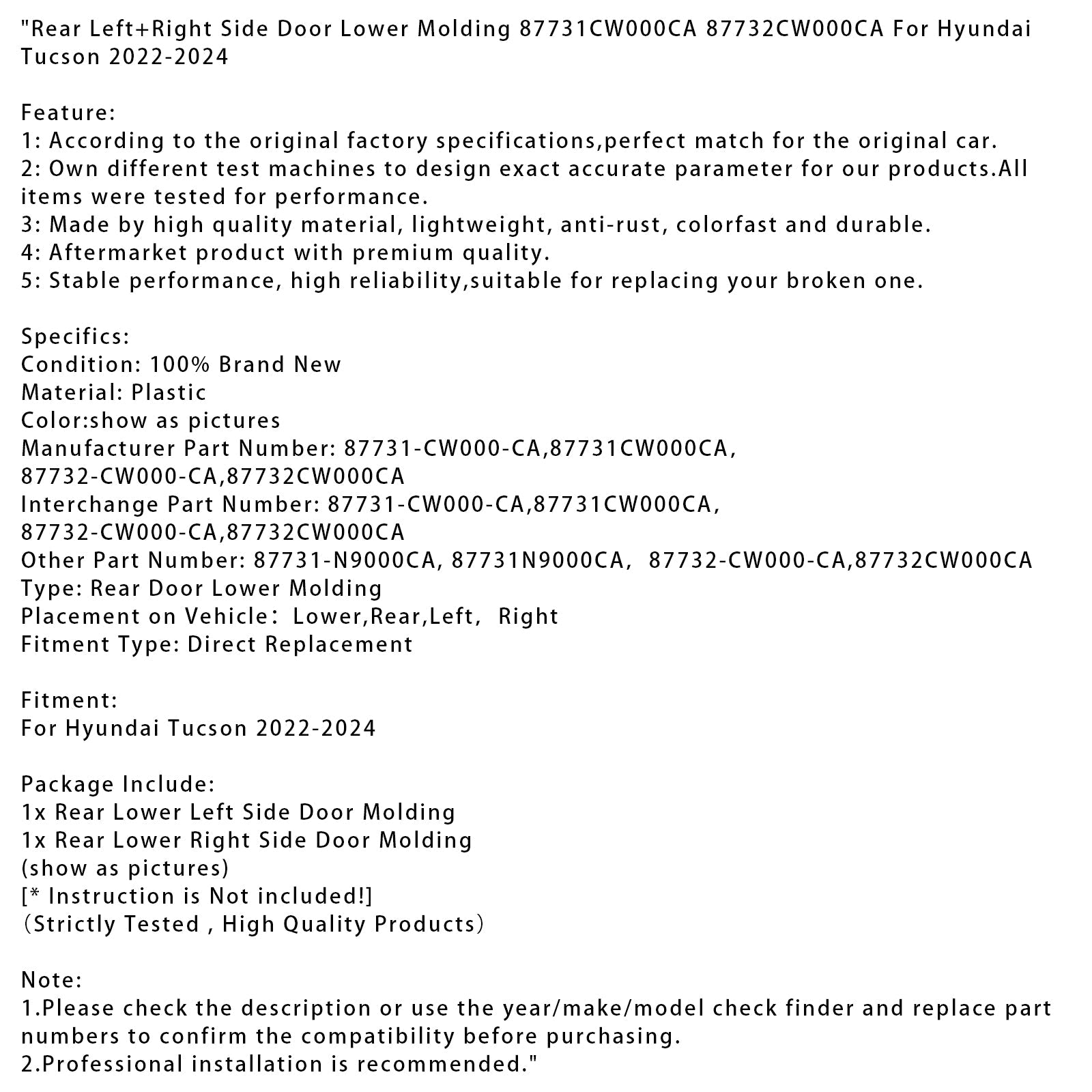 Takaovien alempi lista, vasen ja oikea, Hyundai Tucson 2022-2024, osanumero 87731-CW000-ETTÄ