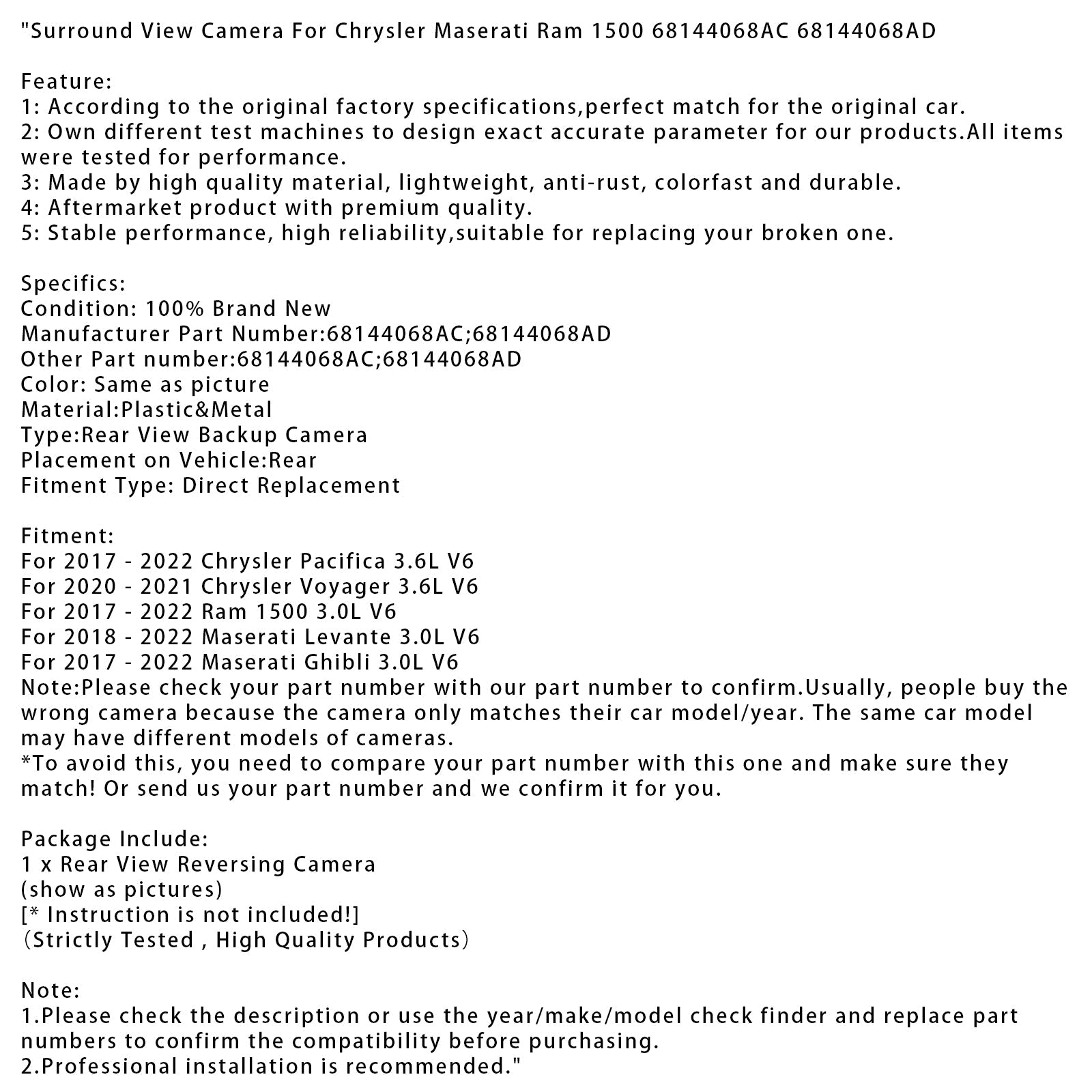 Surround View-camera voor Chrysler Maserati Ram 1500 68144068AC 68144068AD